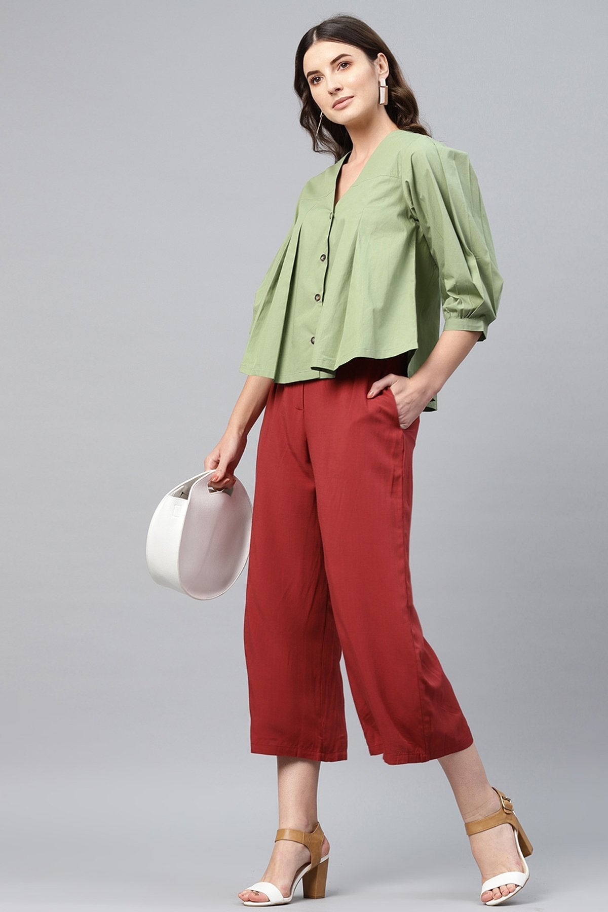 Women's Olive V Neck Front Open Blouse