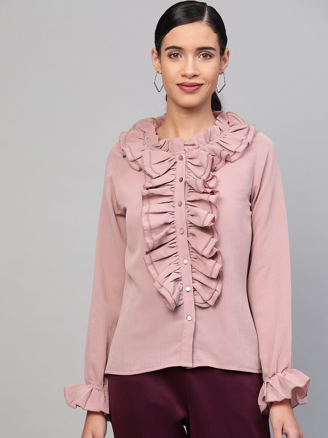 Women's Baked Pink Cascading Ruffled Shirt - SASSAFRAS