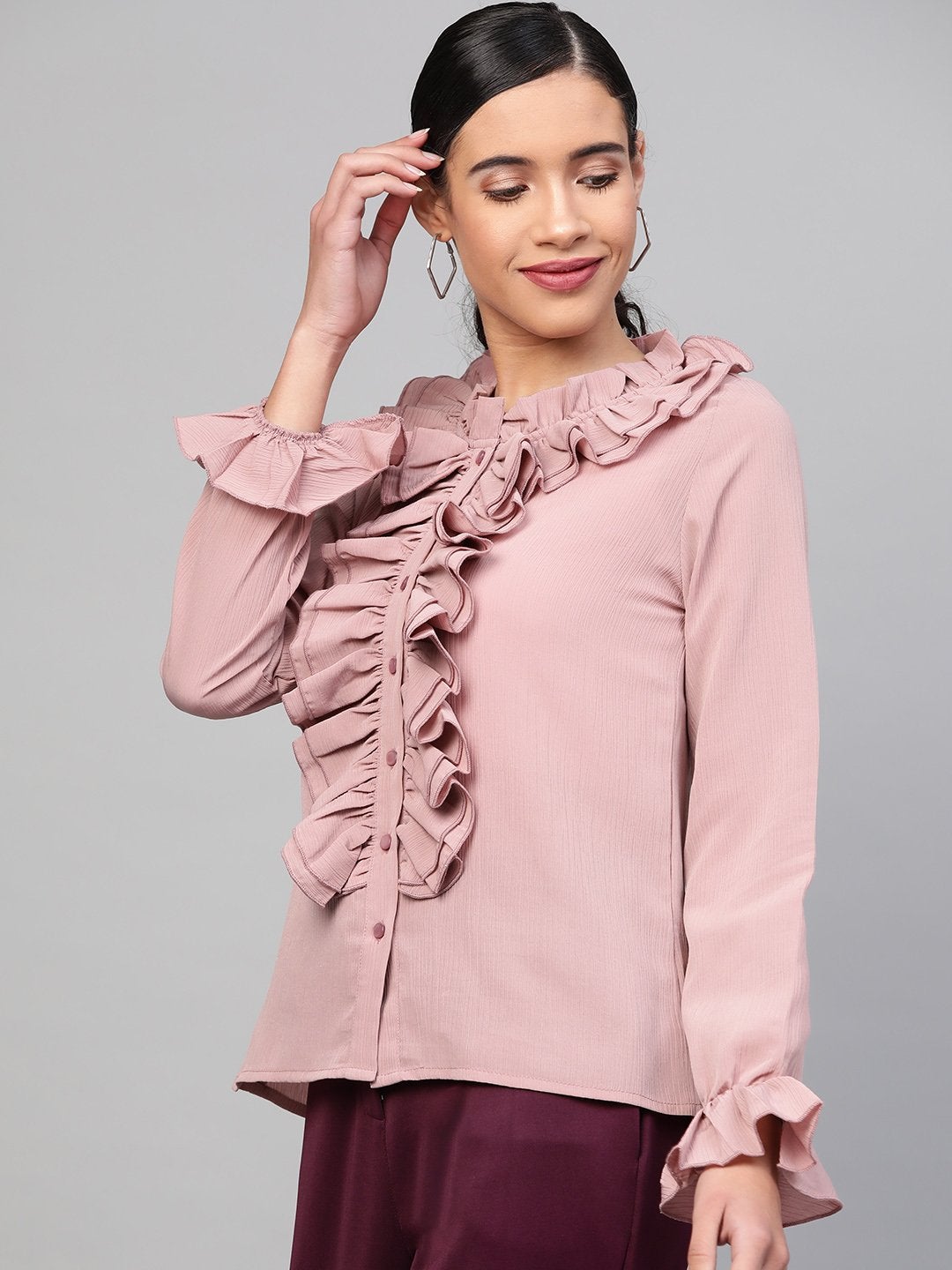 Women's Baked Pink Cascading Ruffled Shirt - SASSAFRAS