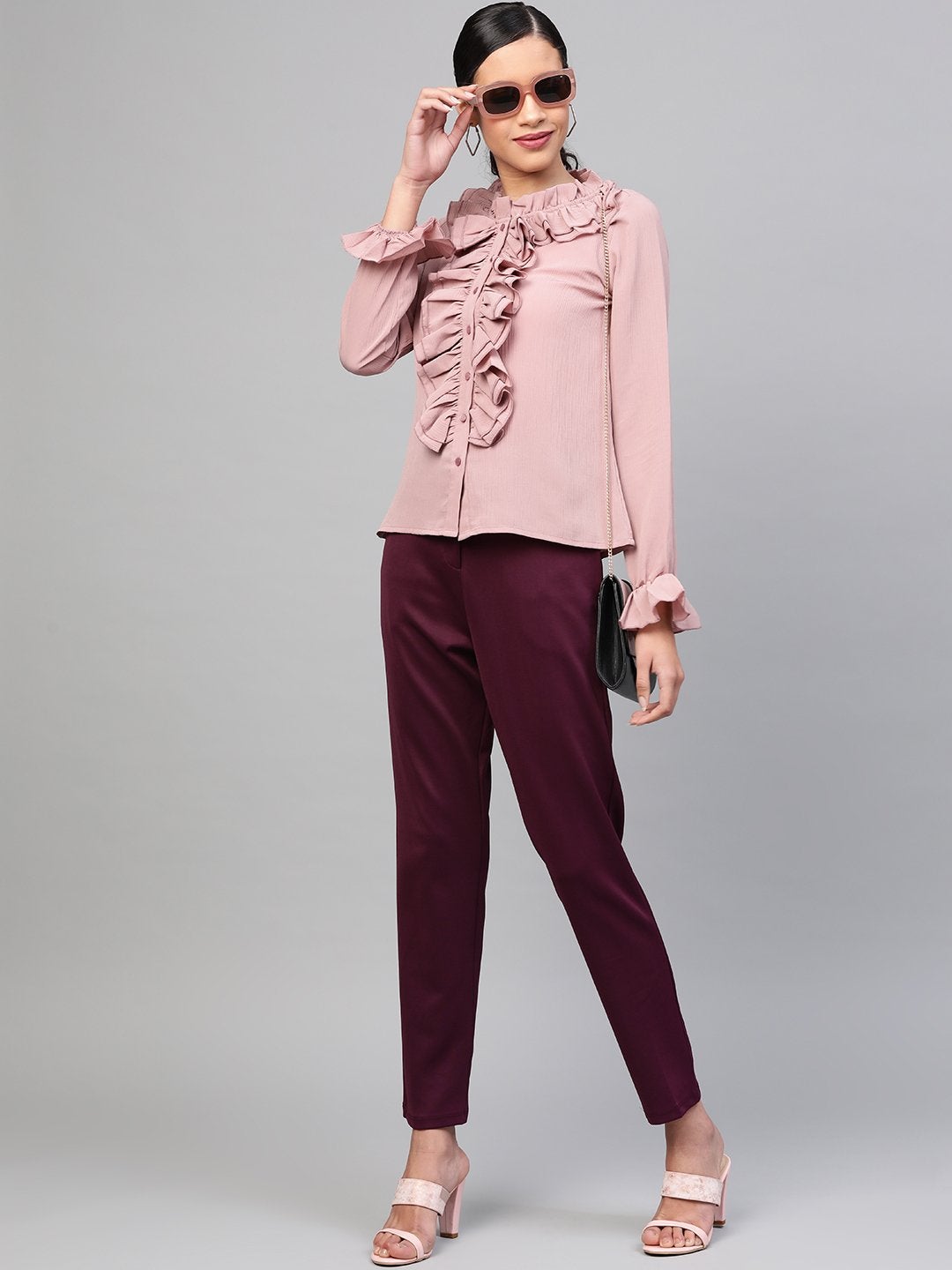 Women's Baked Pink Cascading Ruffled Shirt - SASSAFRAS