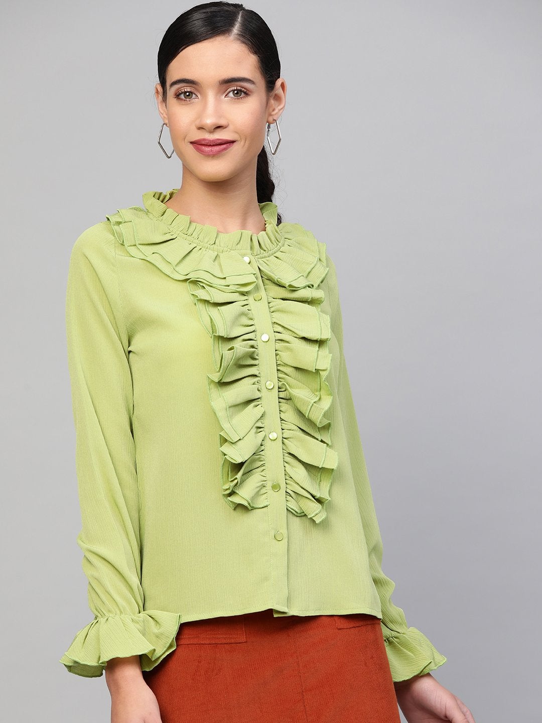 Women's Mint Green Cascading Ruffled Shirt - SASSAFRAS