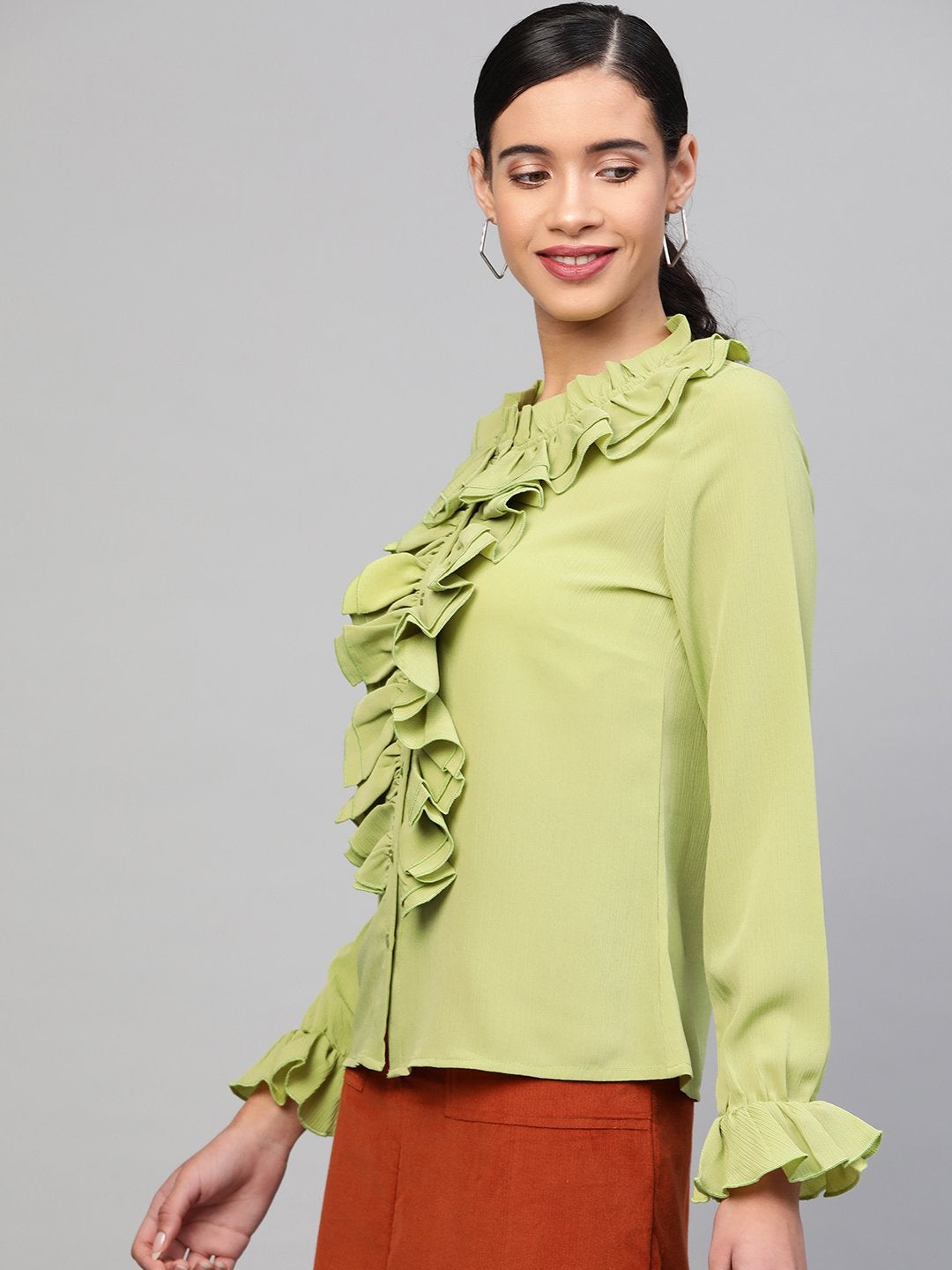 Women's Mint Green Cascading Ruffled Shirt - SASSAFRAS