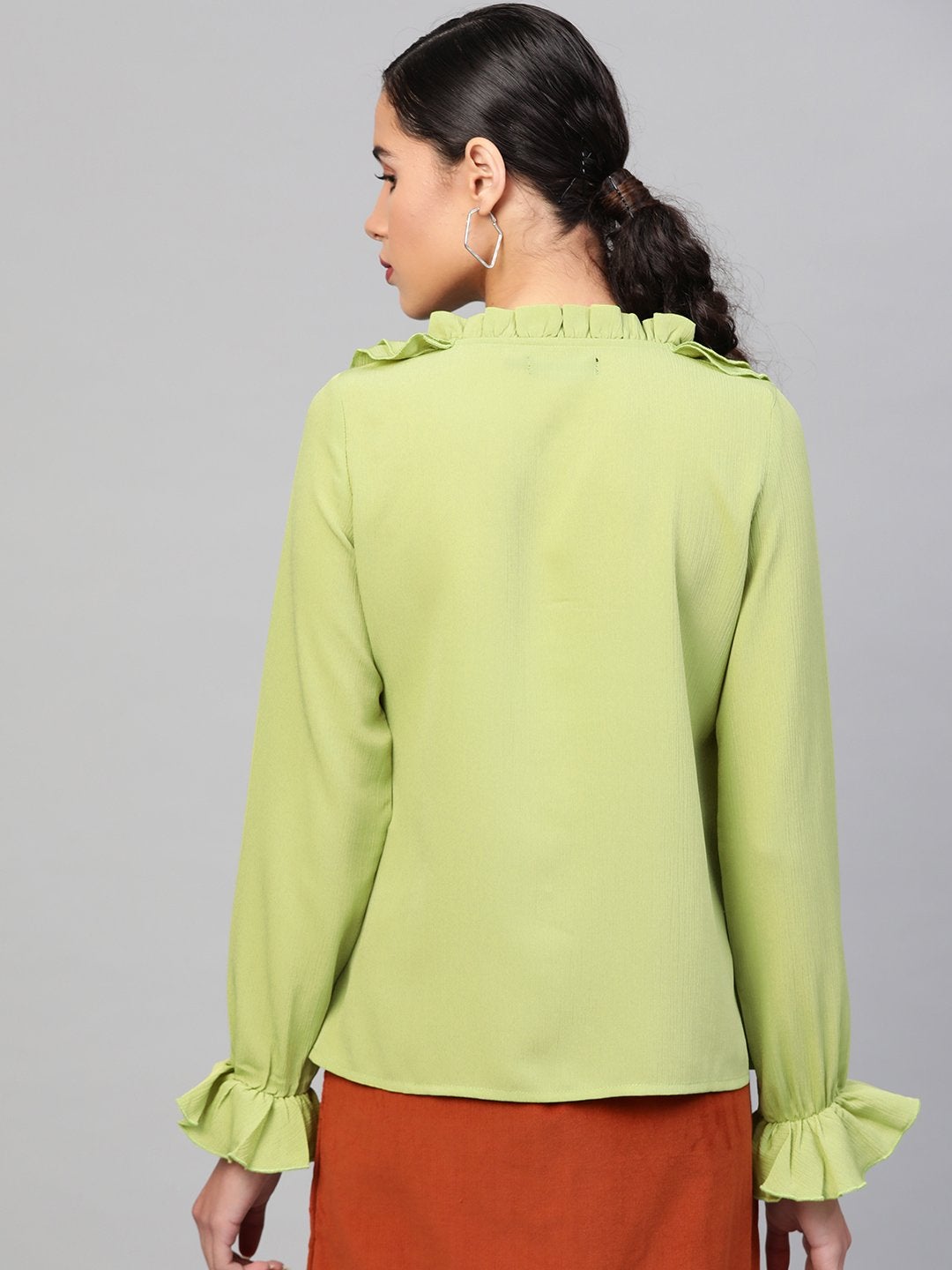 Women's Mint Green Cascading Ruffled Shirt - SASSAFRAS