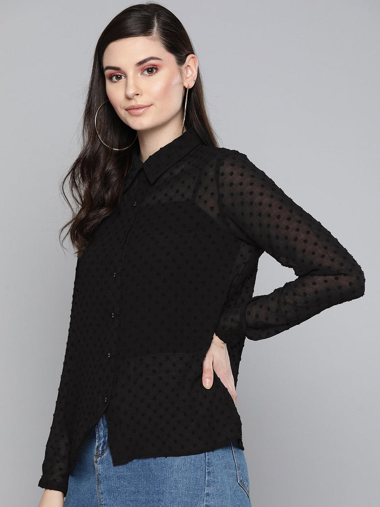 Women's Black Dobby Sheer Boxy Shirt