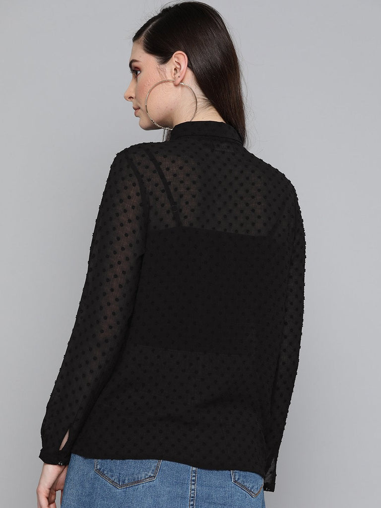 Women's Black Dobby Sheer Boxy Shirt