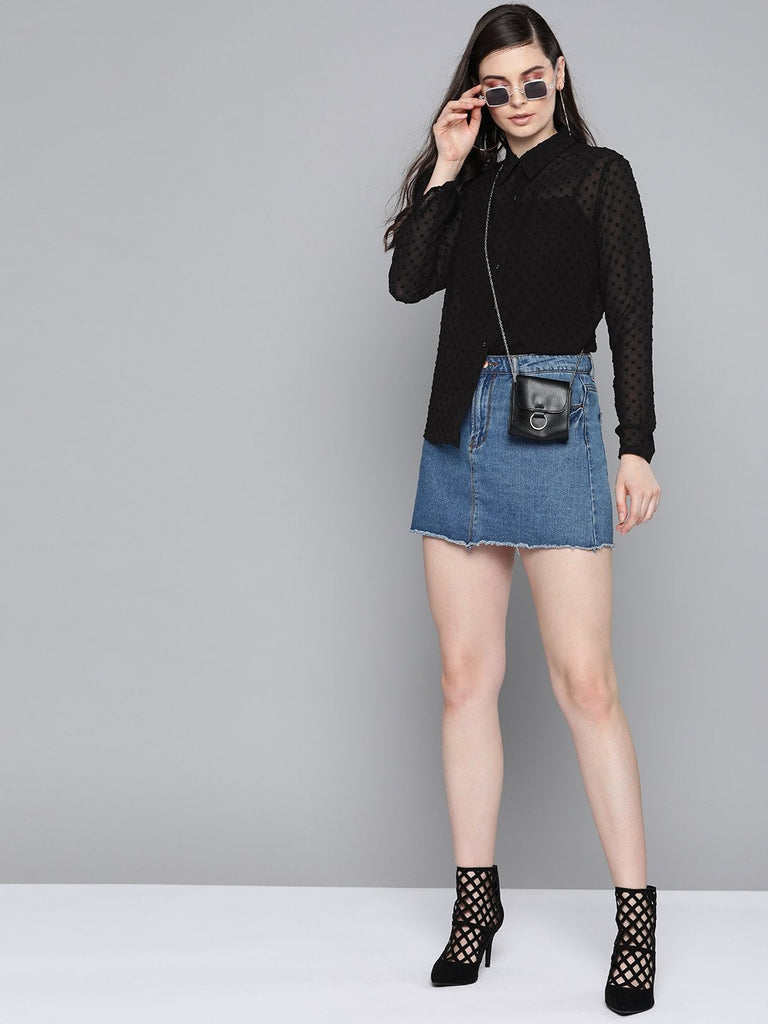 Women's Black Dobby Sheer Boxy Shirt