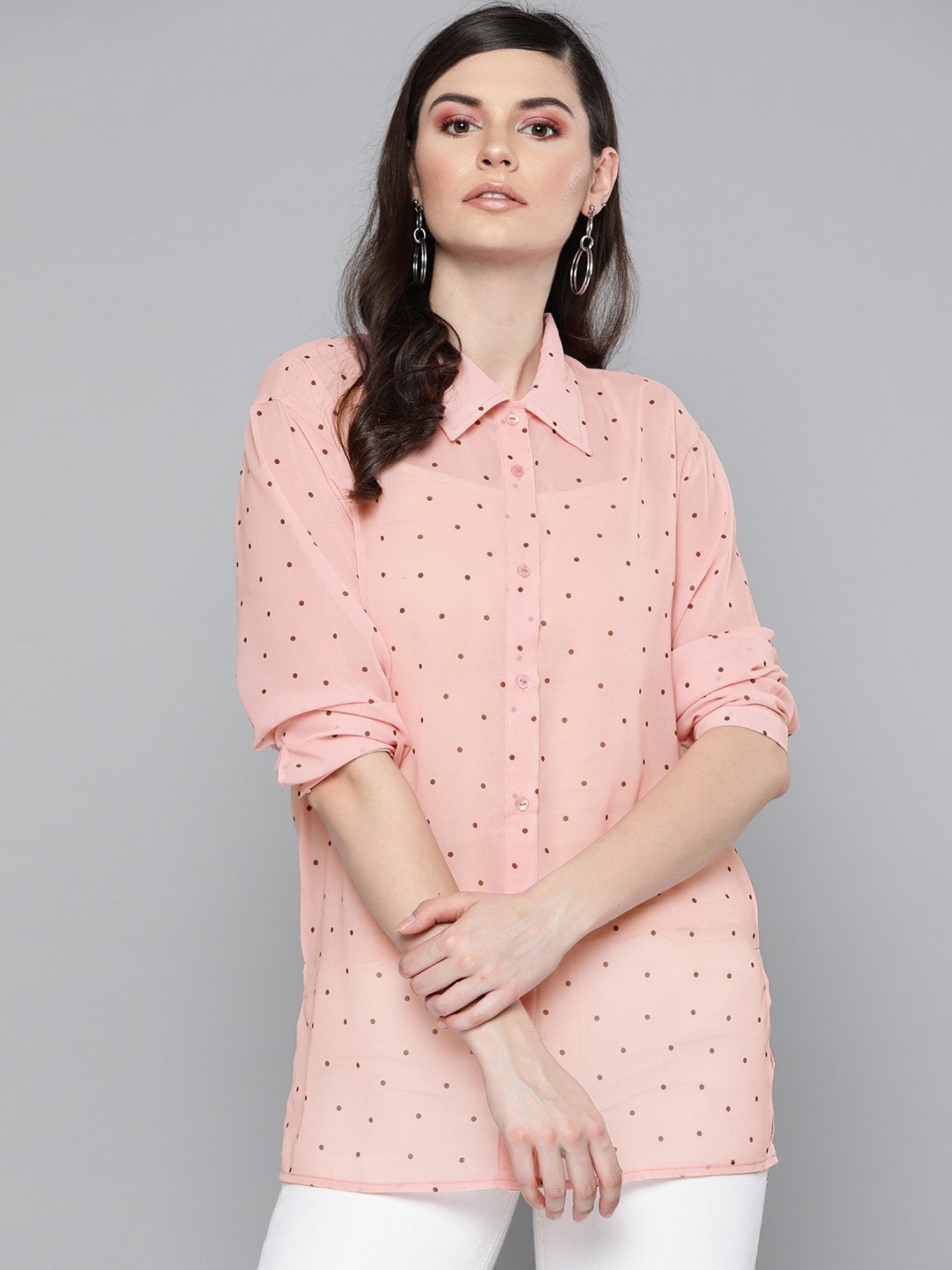 Women's Pink Polka Dot Boxy Sheer Shirt - SASSAFRAS