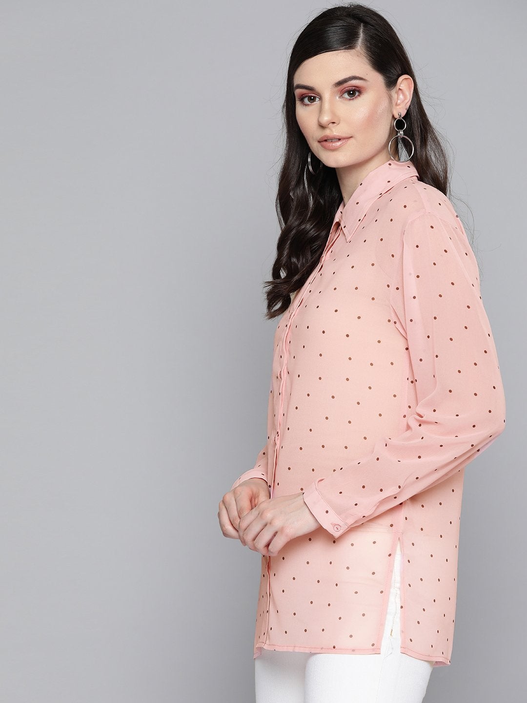 Women's Pink Polka Dot Boxy Sheer Shirt - SASSAFRAS