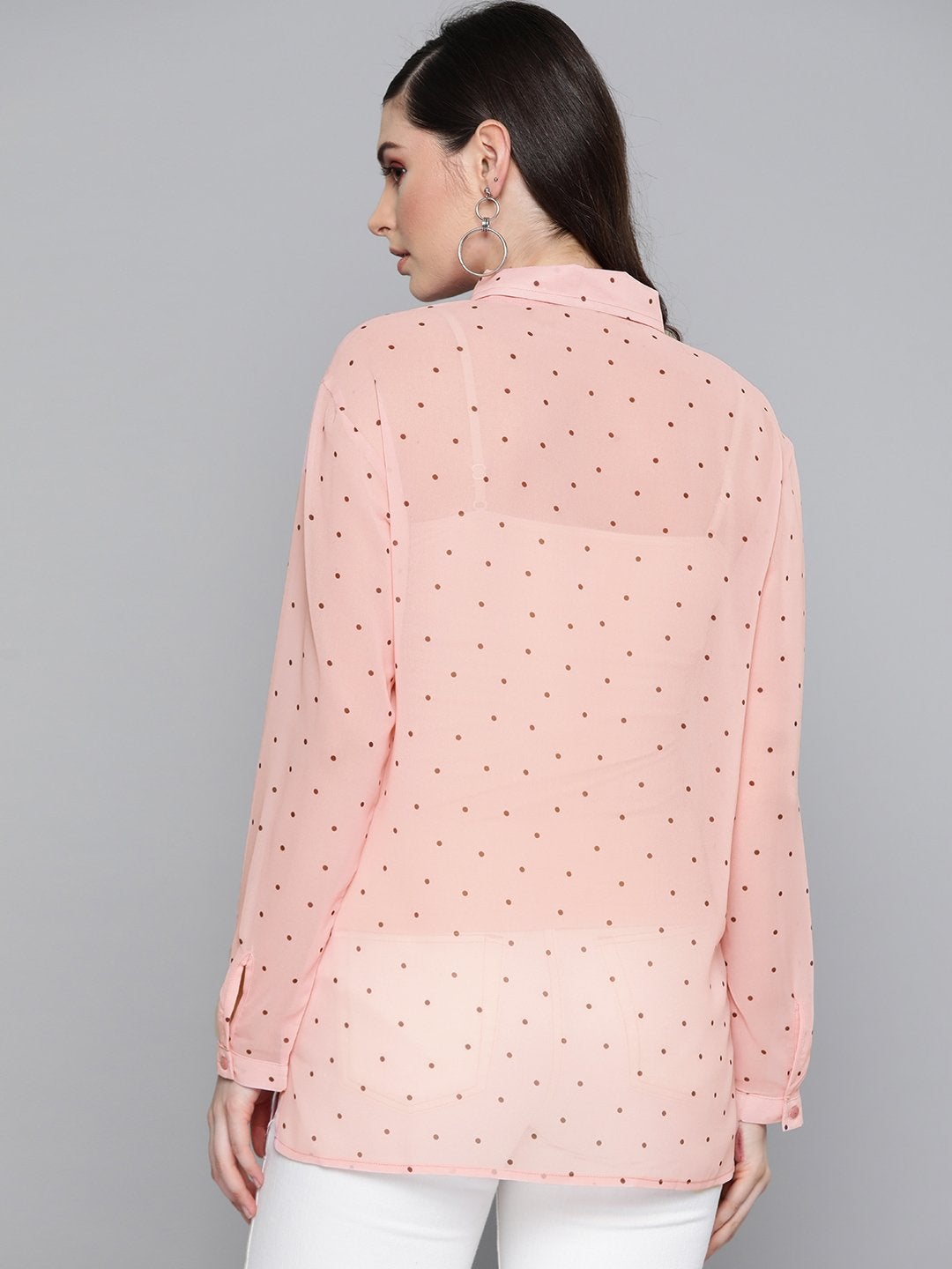 Women's Pink Polka Dot Boxy Sheer Shirt - SASSAFRAS