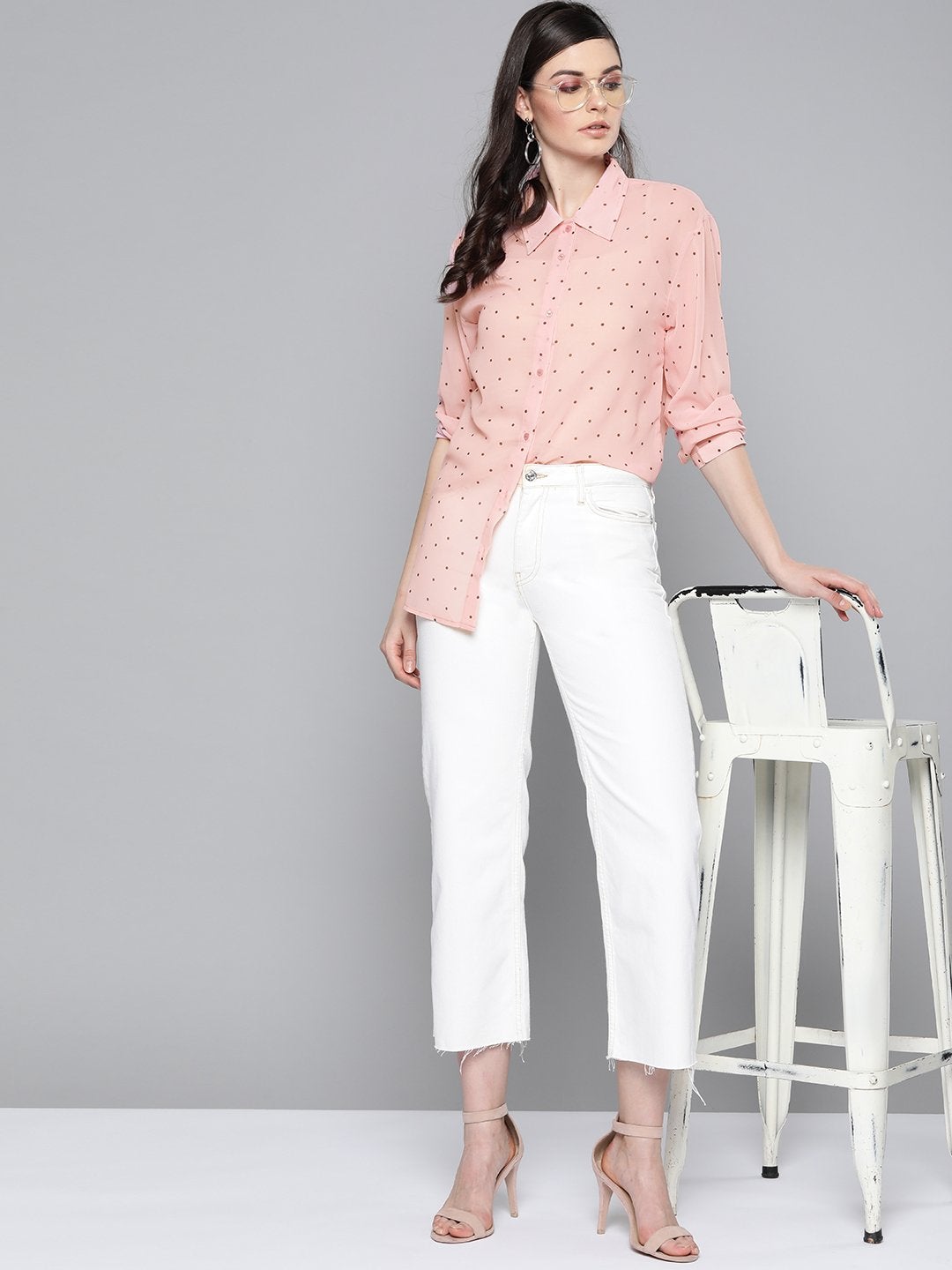 Women's Pink Polka Dot Boxy Sheer Shirt - SASSAFRAS