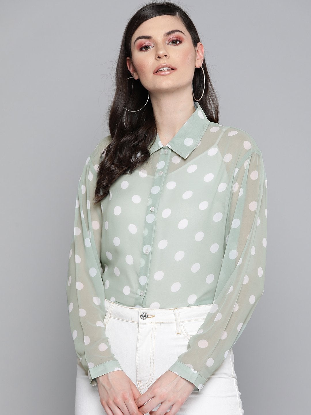 Women's Olive Polka Dot Boxy Sheer Shirt - SASSAFRAS