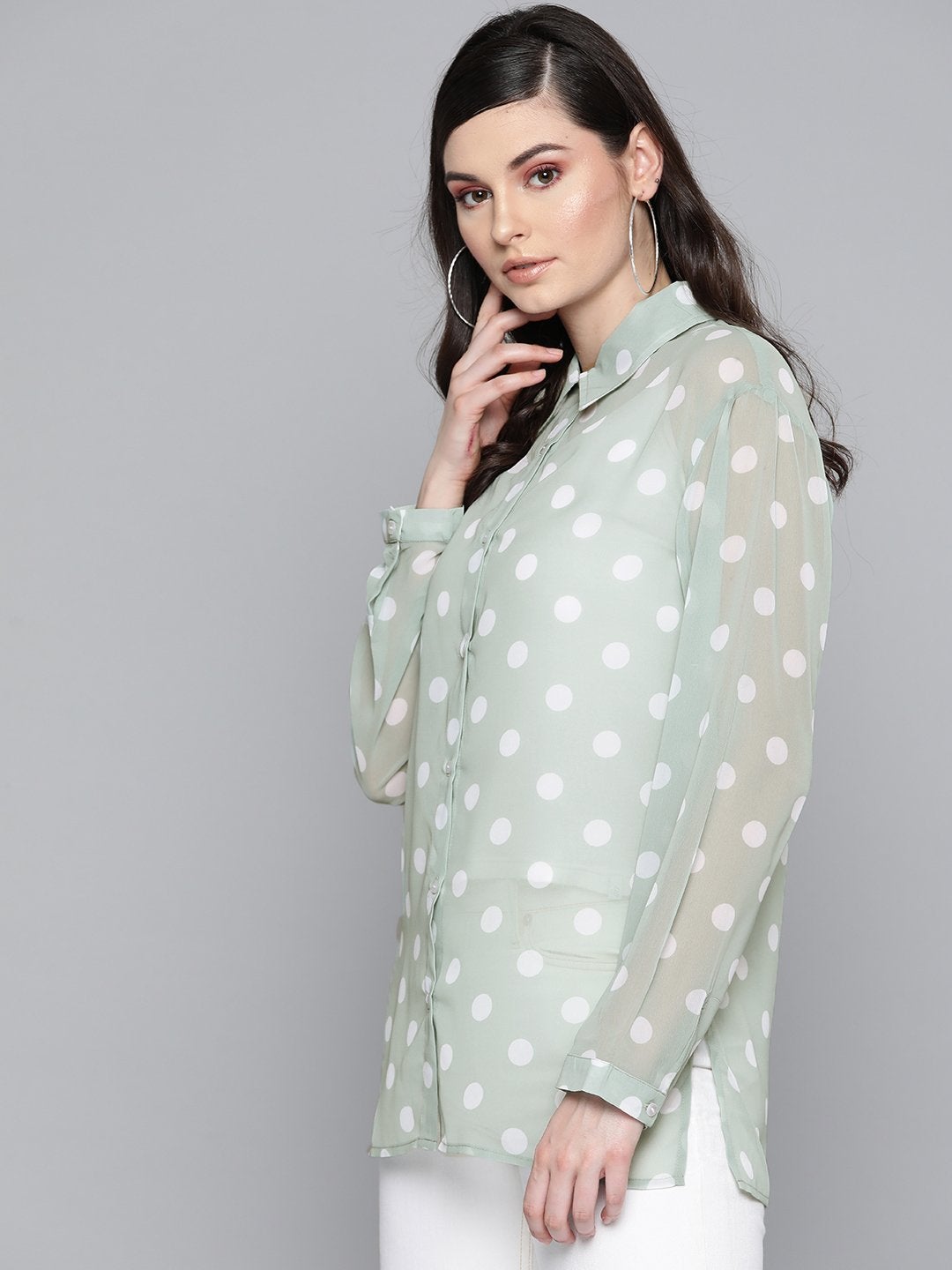 Women's Olive Polka Dot Boxy Sheer Shirt - SASSAFRAS