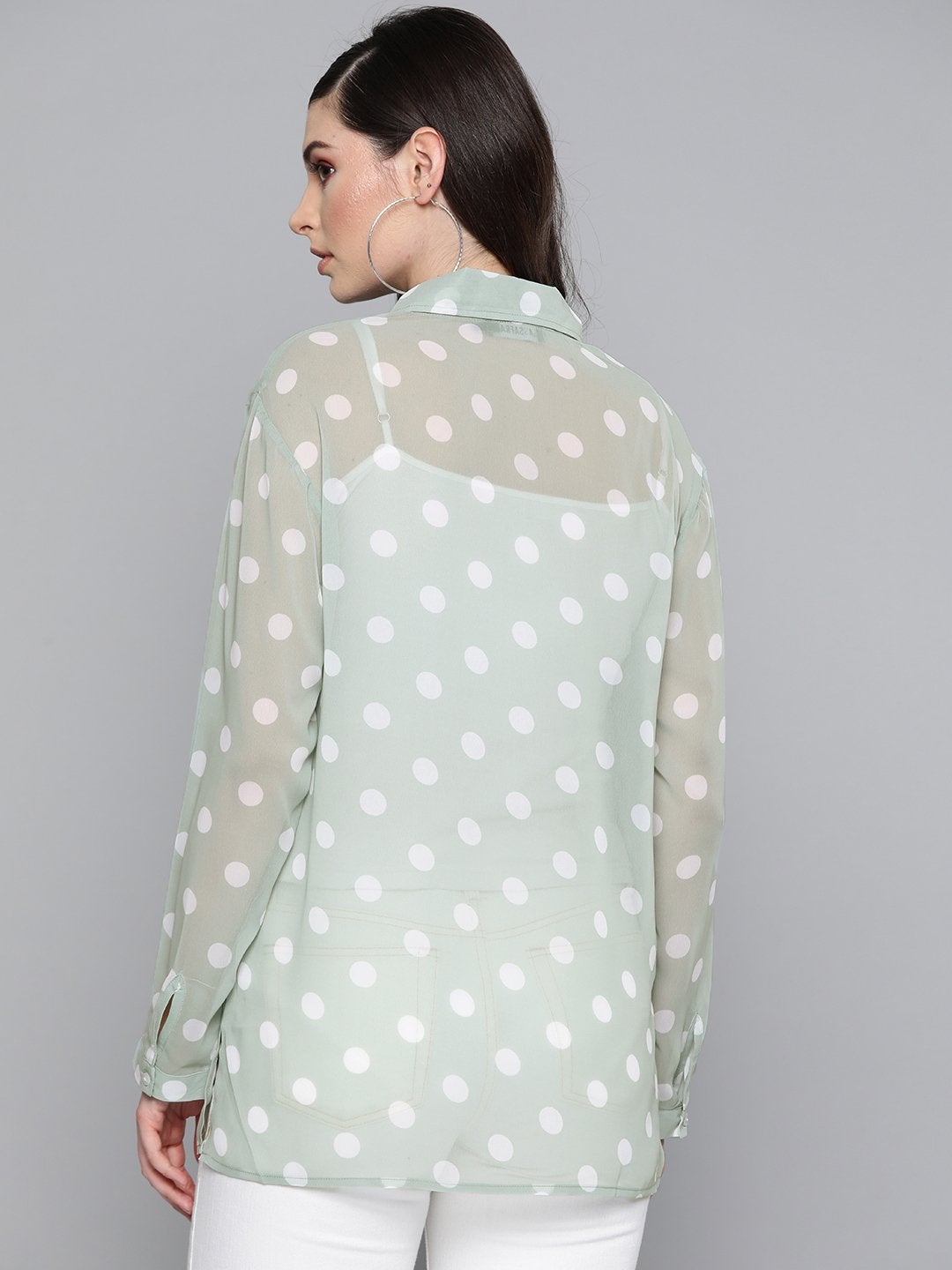 Women's Olive Polka Dot Boxy Sheer Shirt - SASSAFRAS