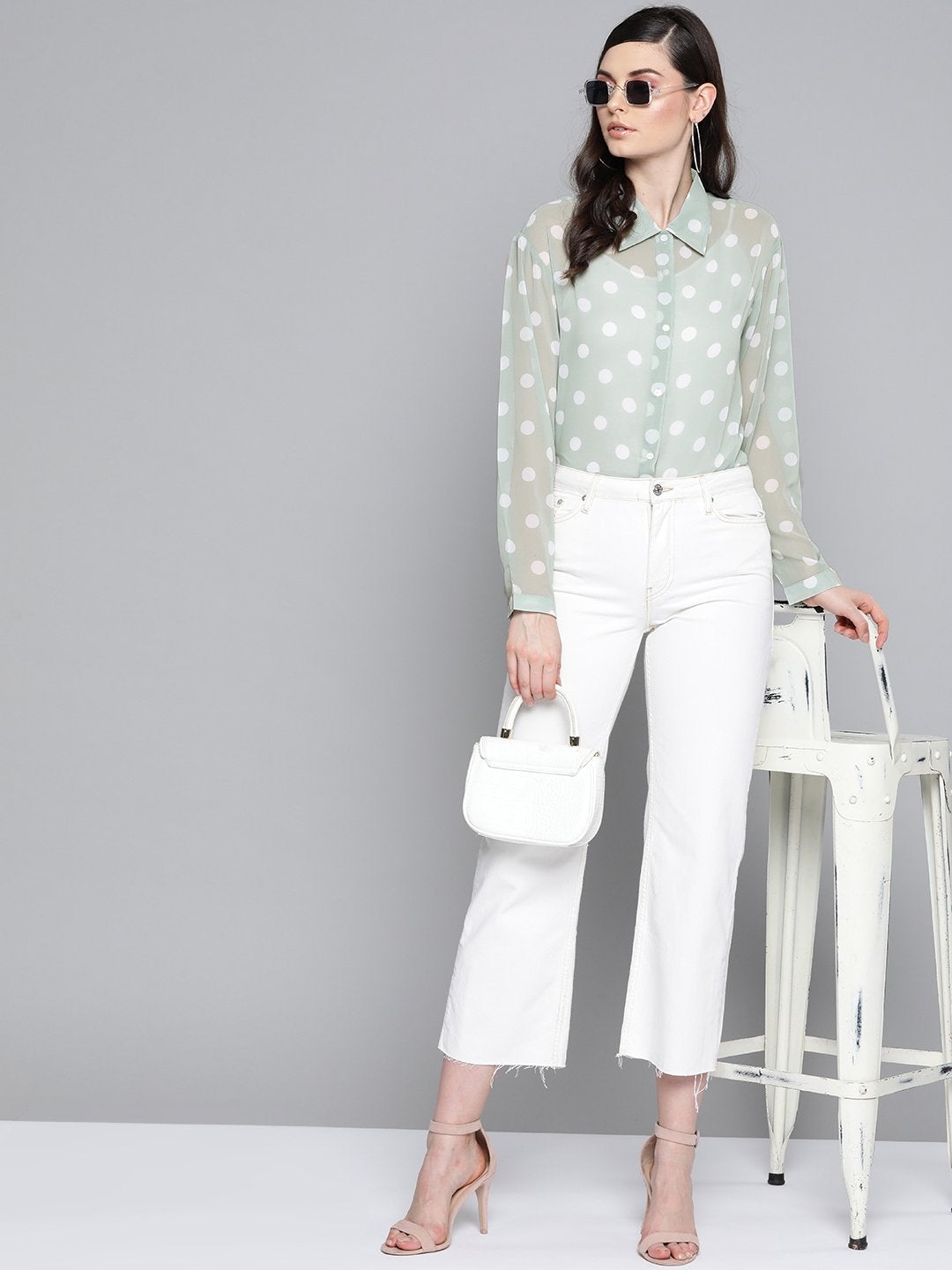 Women's Olive Polka Dot Boxy Sheer Shirt - SASSAFRAS