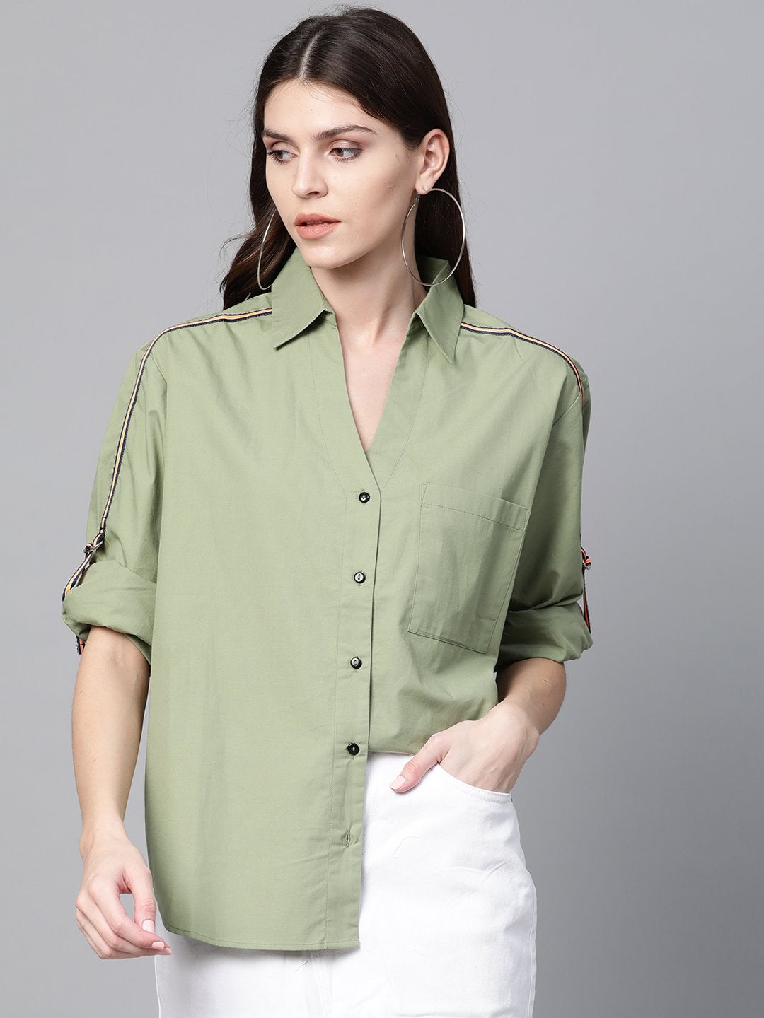 Women's Olive Shoulder Tape Shirt - SASSAFRAS