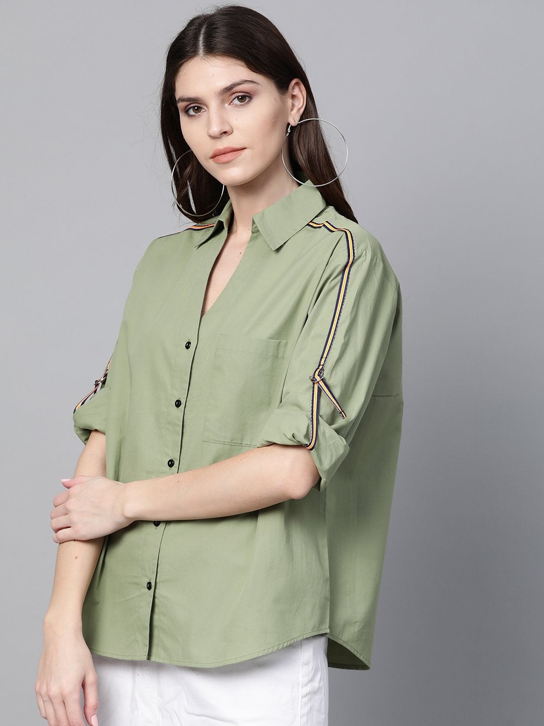 Women's Olive Shoulder Tape Shirt - SASSAFRAS