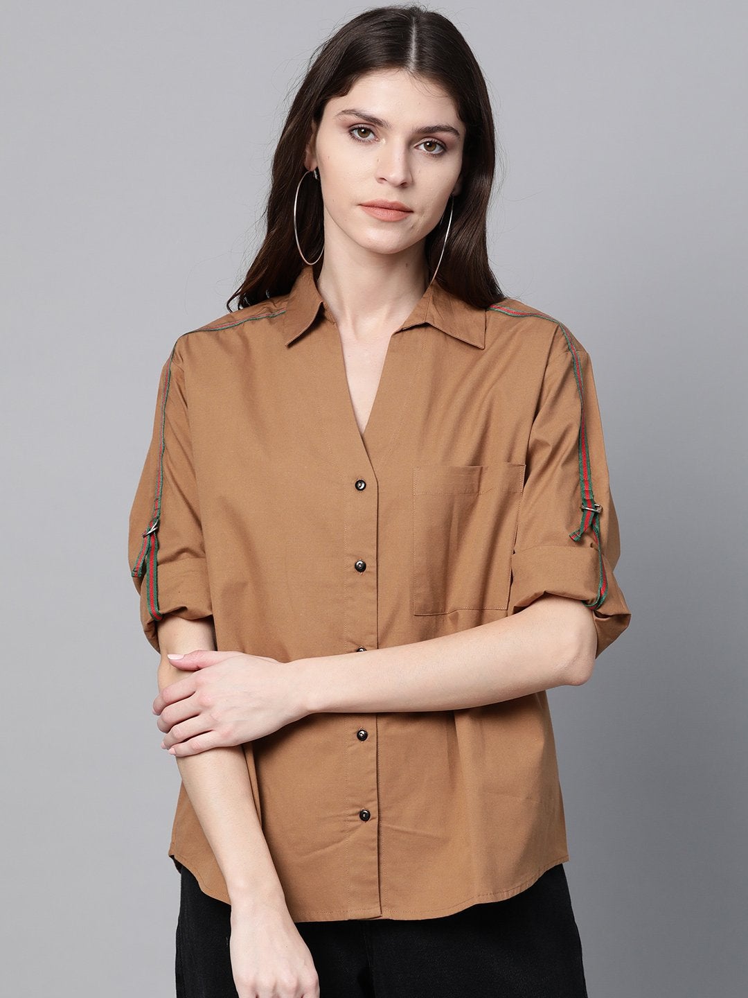 Women's Brown Shoulder Tape Shirt - SASSAFRAS