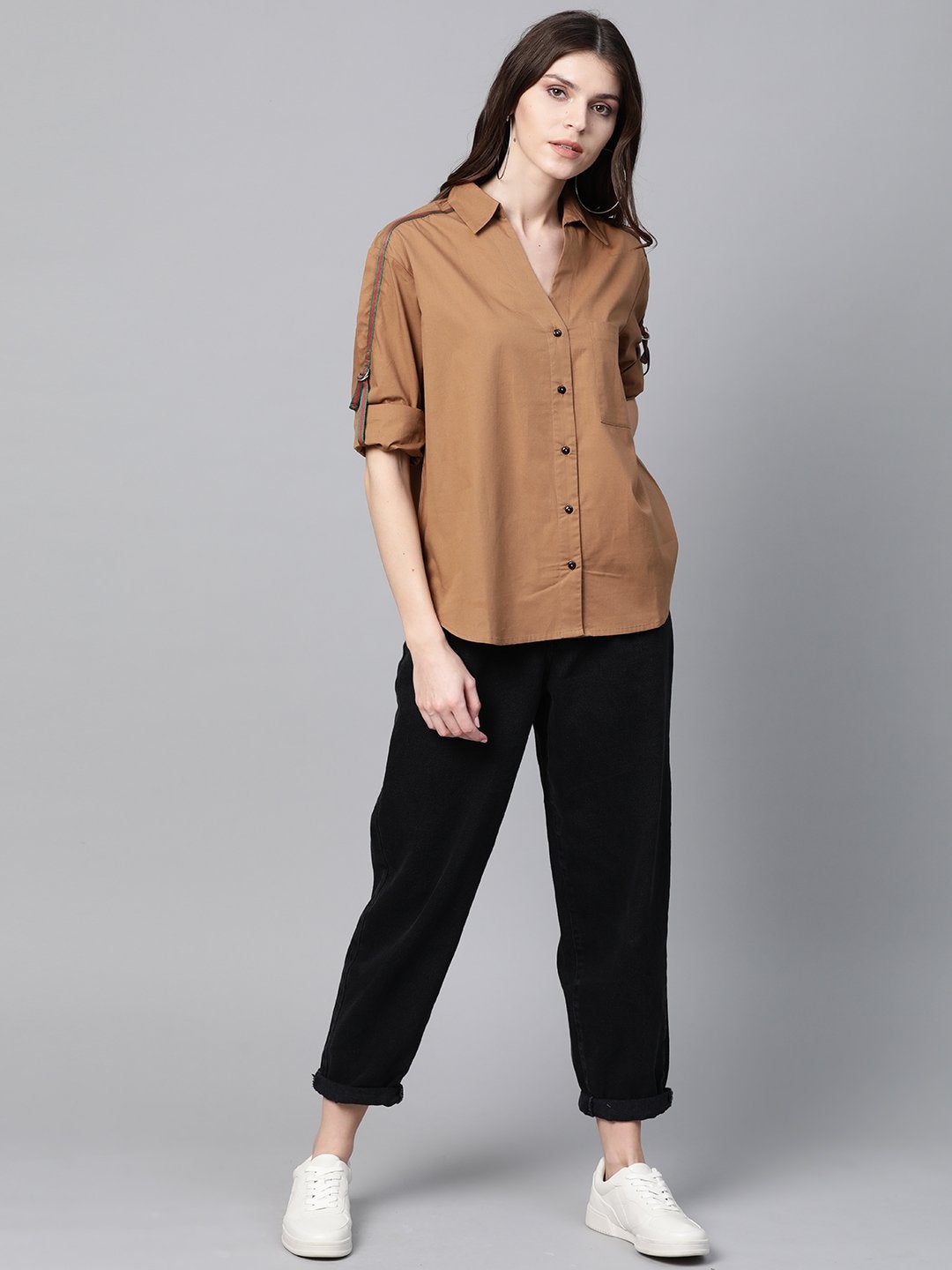 Women's Brown Shoulder Tape Shirt - SASSAFRAS