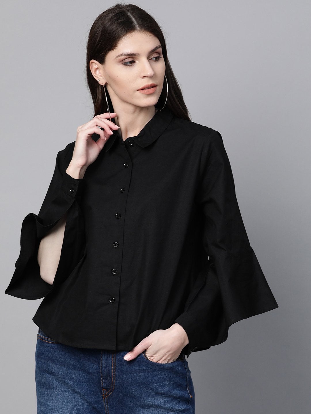 Women's Black Cut Out Sleeve Shirt - SASSAFRAS