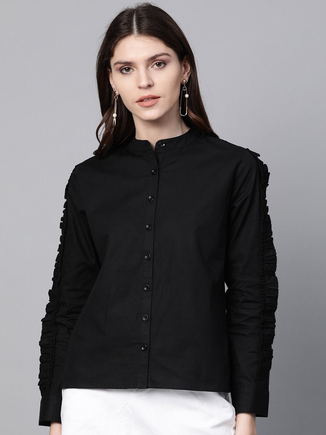 Women's Black Frill On Sleeve Shirt - SASSAFRAS