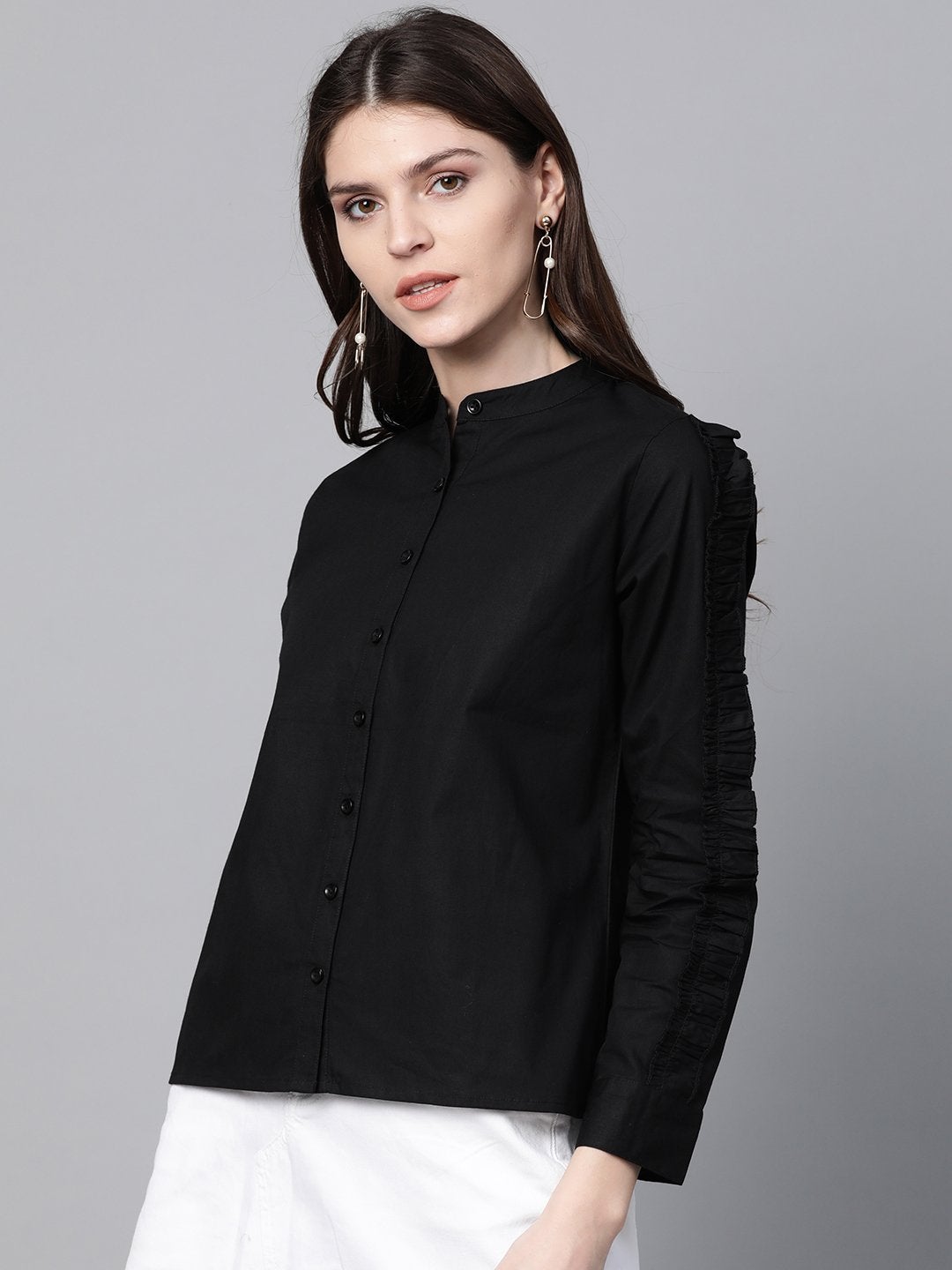 Women's Black Frill On Sleeve Shirt - SASSAFRAS