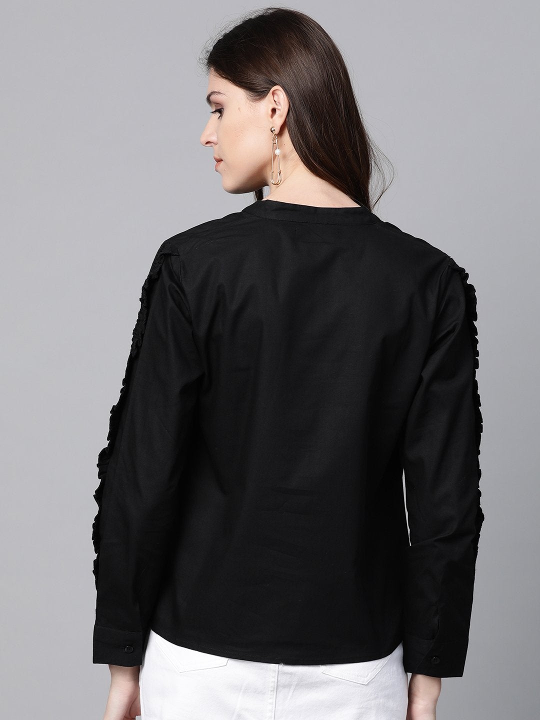 Women's Black Frill On Sleeve Shirt - SASSAFRAS