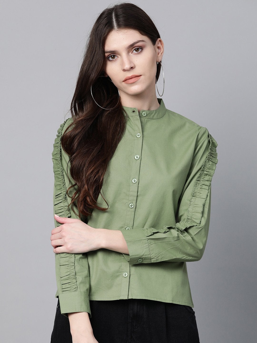 Women's Olive Frill On Sleeve Shirt - SASSAFRAS