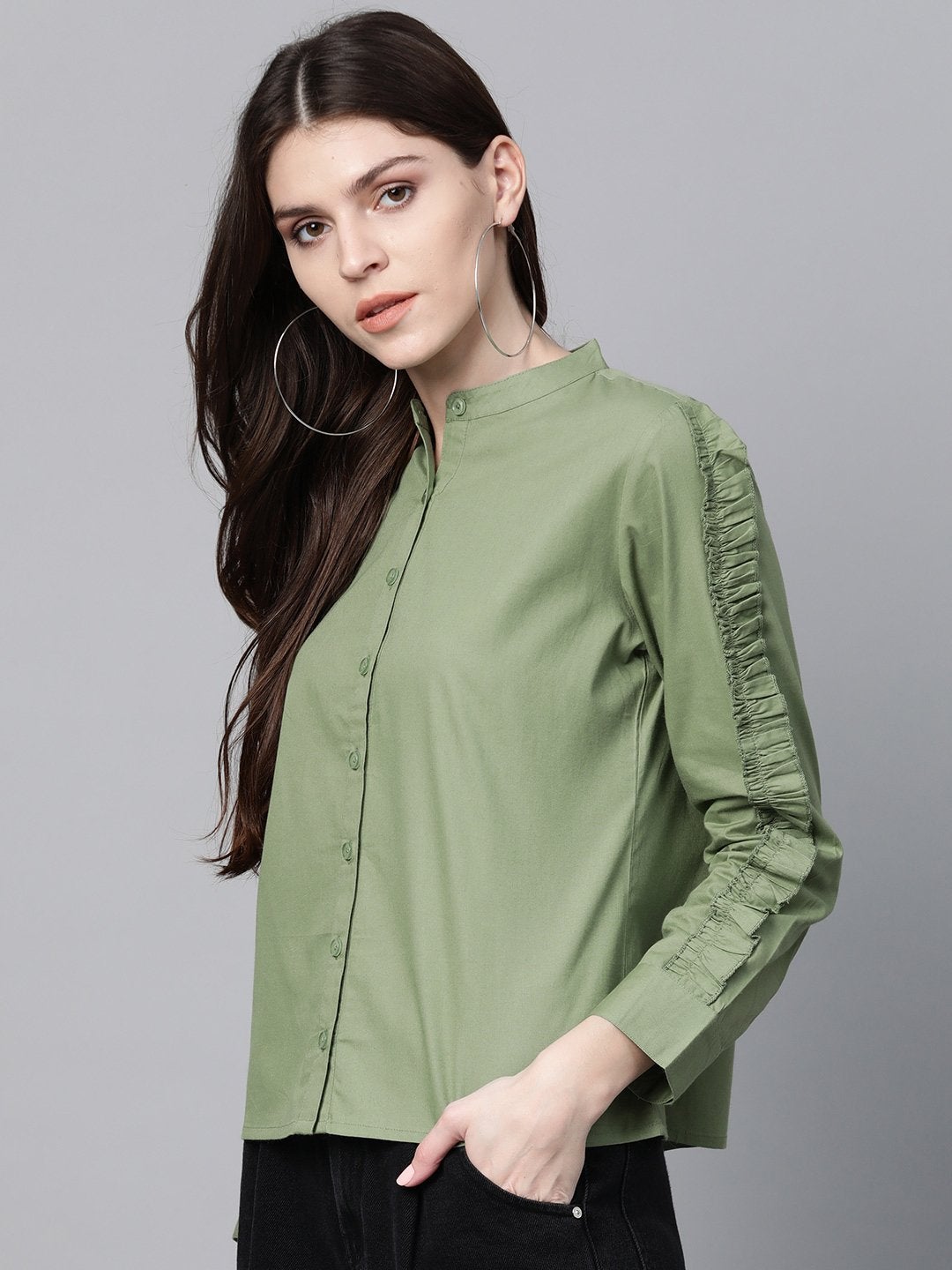 Women's Olive Frill On Sleeve Shirt - SASSAFRAS