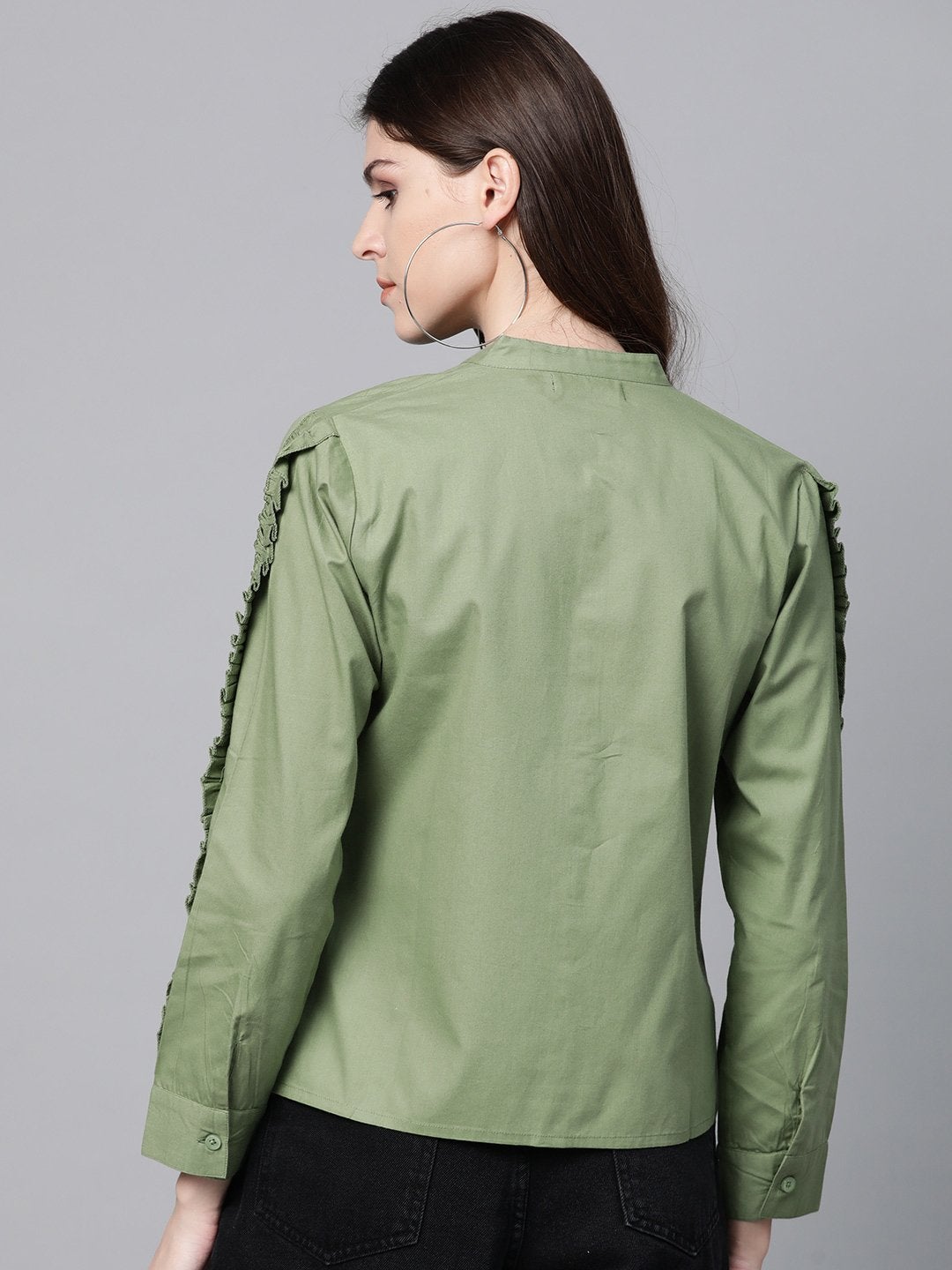 Women's Olive Frill On Sleeve Shirt - SASSAFRAS