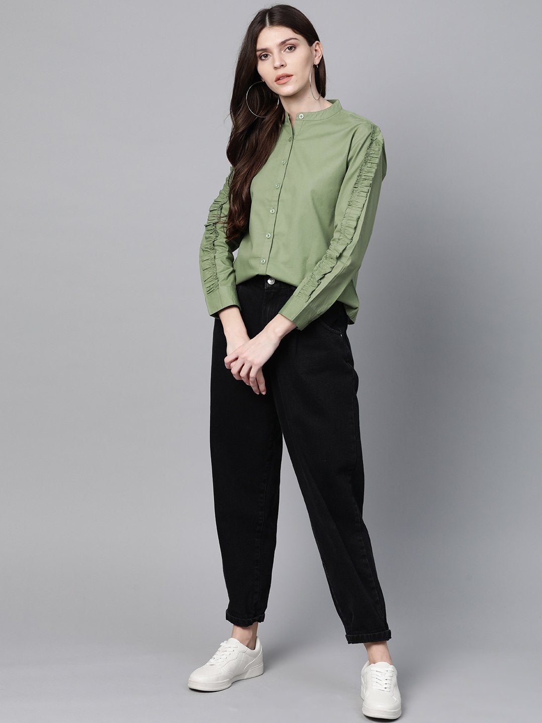 Women's Olive Frill On Sleeve Shirt - SASSAFRAS