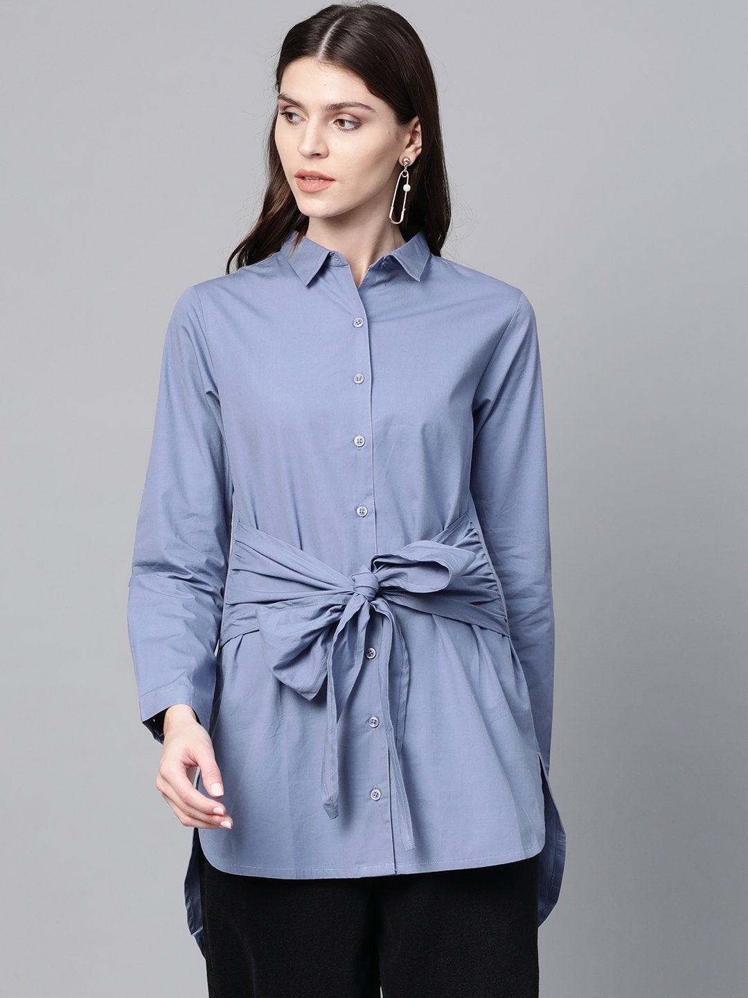 Women's Blue Front Tie Longline Shirt - SASSAFRAS