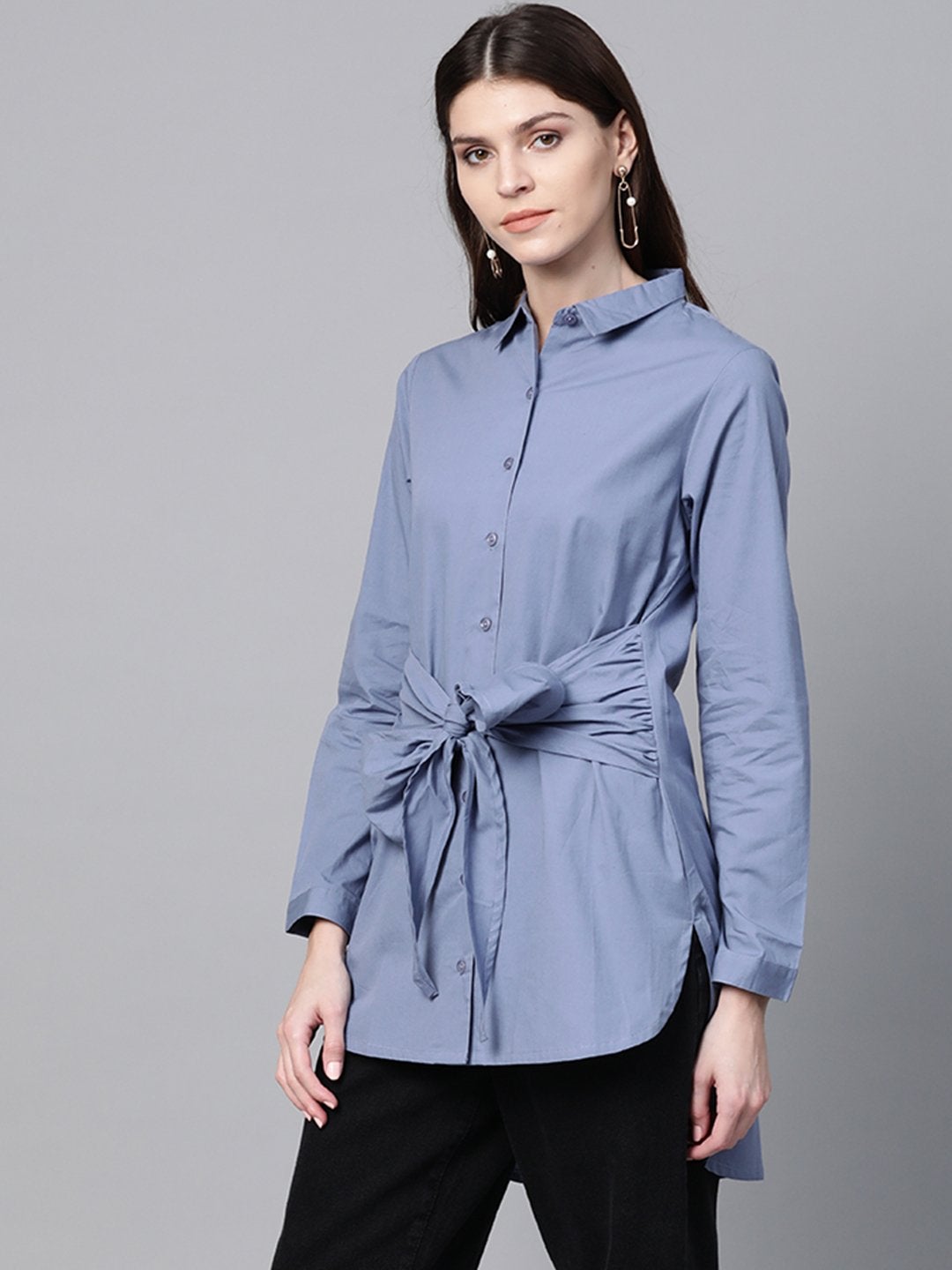 Women's Blue Front Tie Longline Shirt - SASSAFRAS