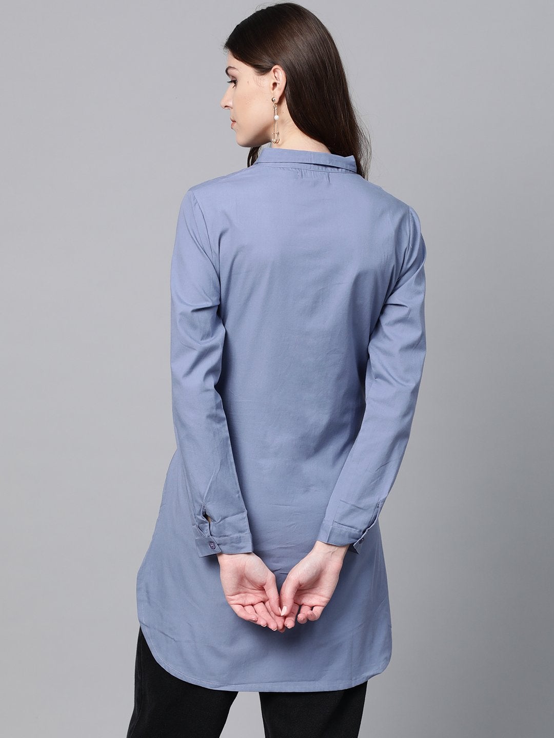 Women's Blue Front Tie Longline Shirt - SASSAFRAS