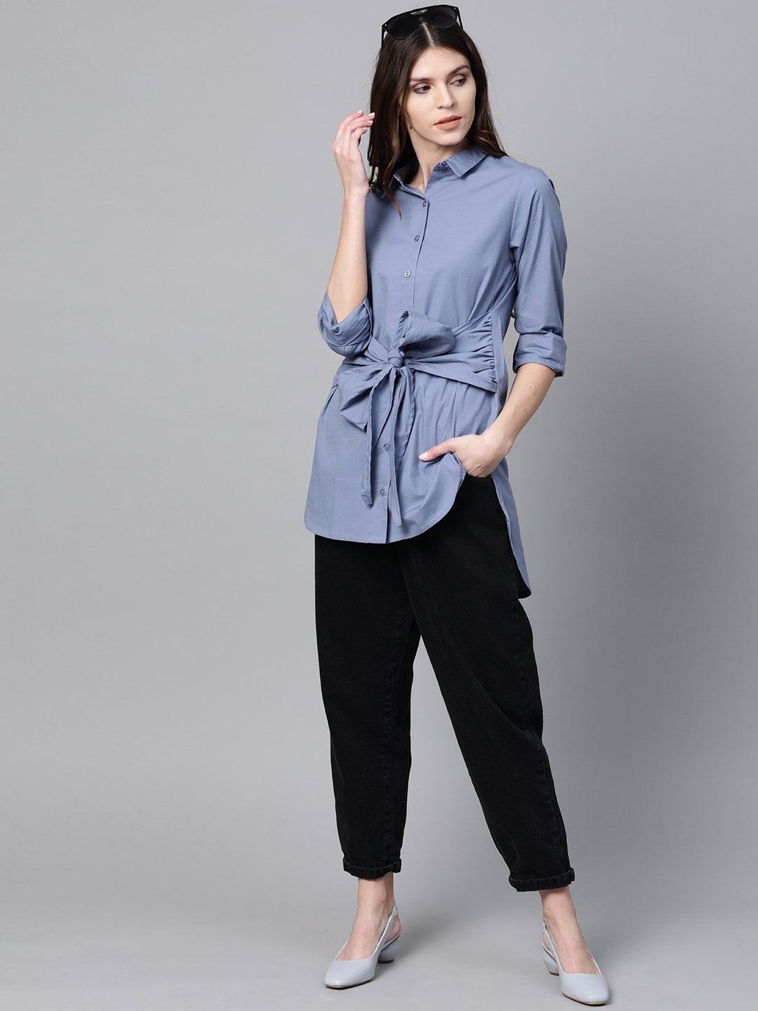 Women's Blue Front Tie Longline Shirt - SASSAFRAS