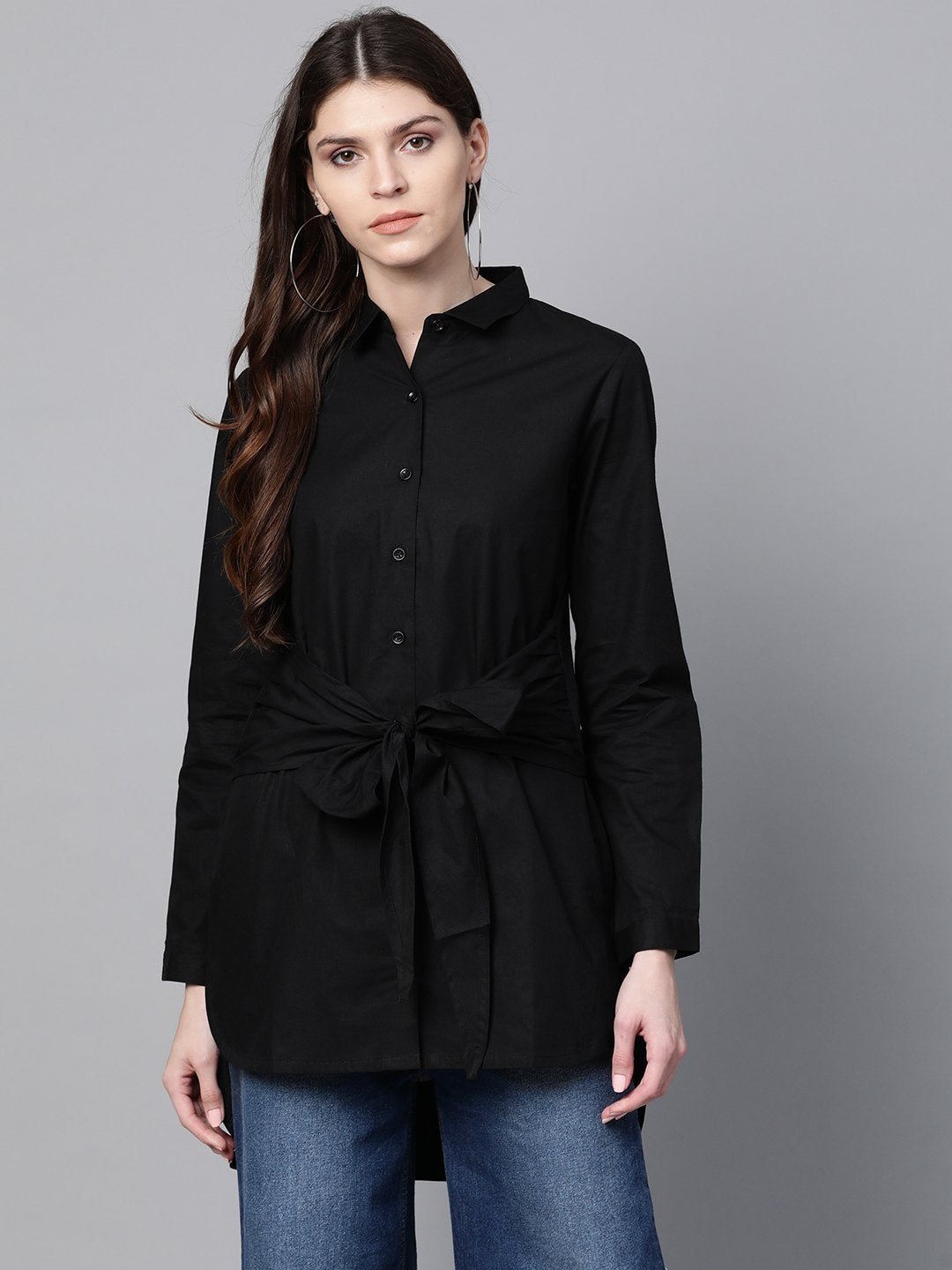 Women's Black Front Tie Longline Shirt - SASSAFRAS