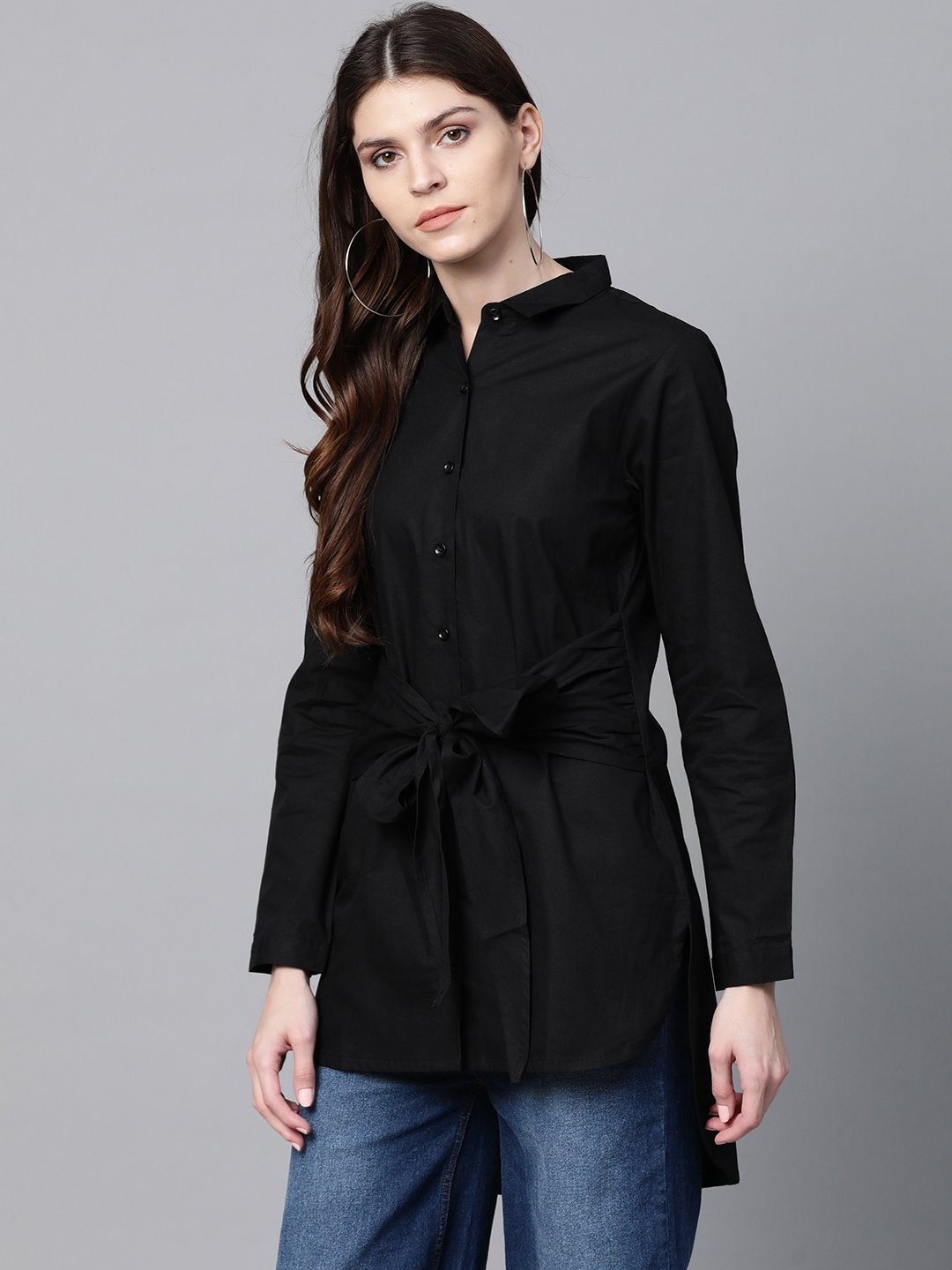 Women's Black Front Tie Longline Shirt - SASSAFRAS