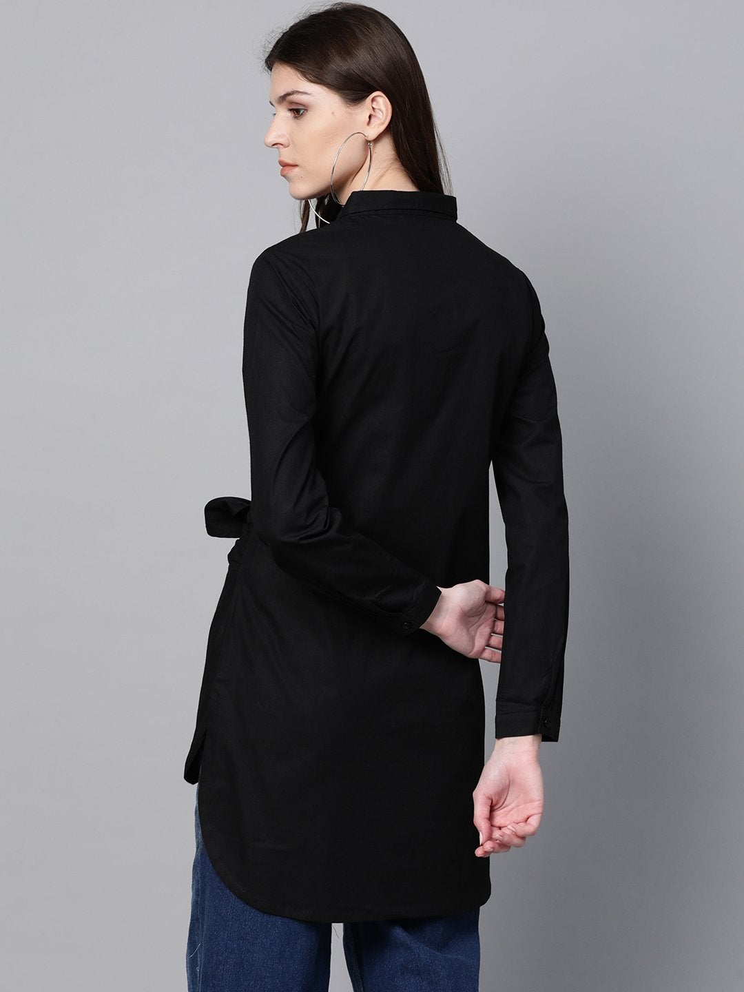 Women's Black Front Tie Longline Shirt - SASSAFRAS