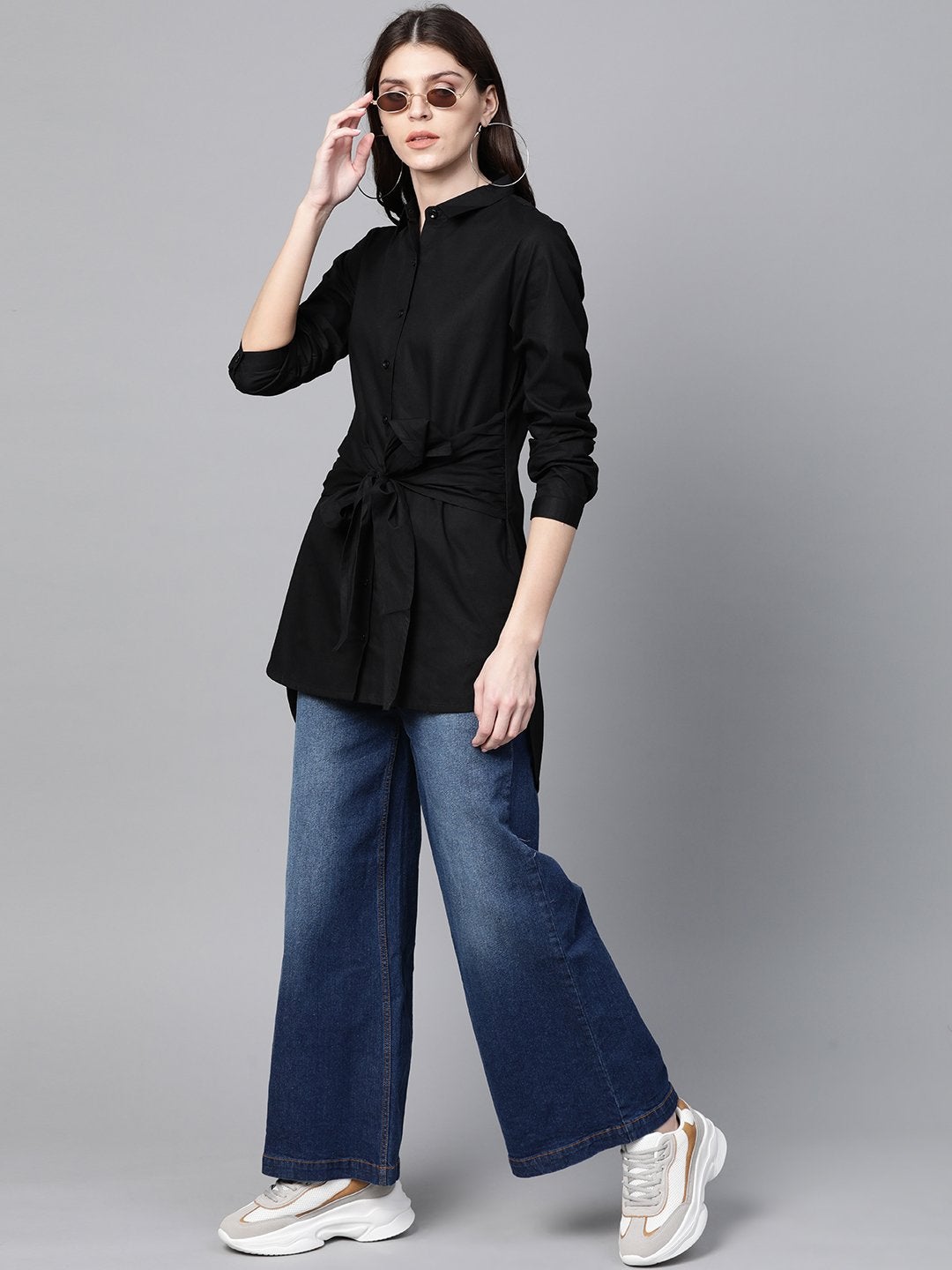 Women's Black Front Tie Longline Shirt - SASSAFRAS