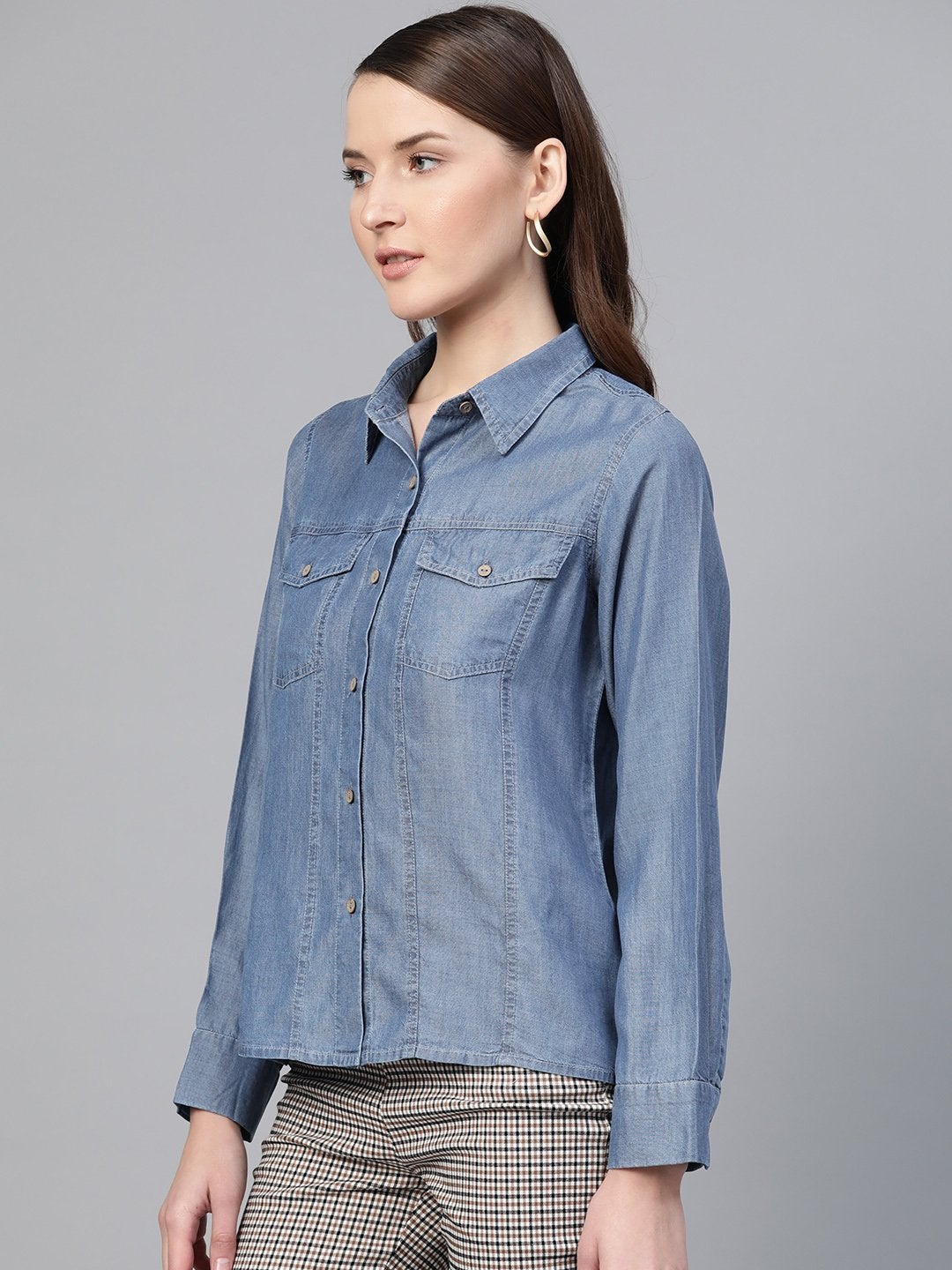 Women's Blue High Low Denim Shirt - SASSAFRAS