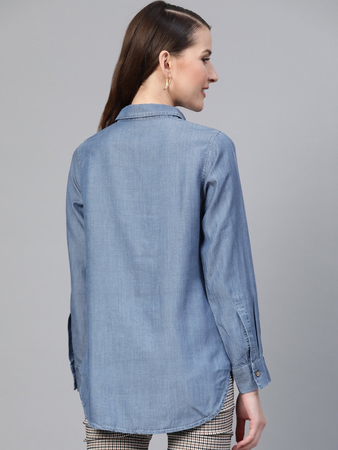 Women's Blue High Low Denim Shirt - SASSAFRAS