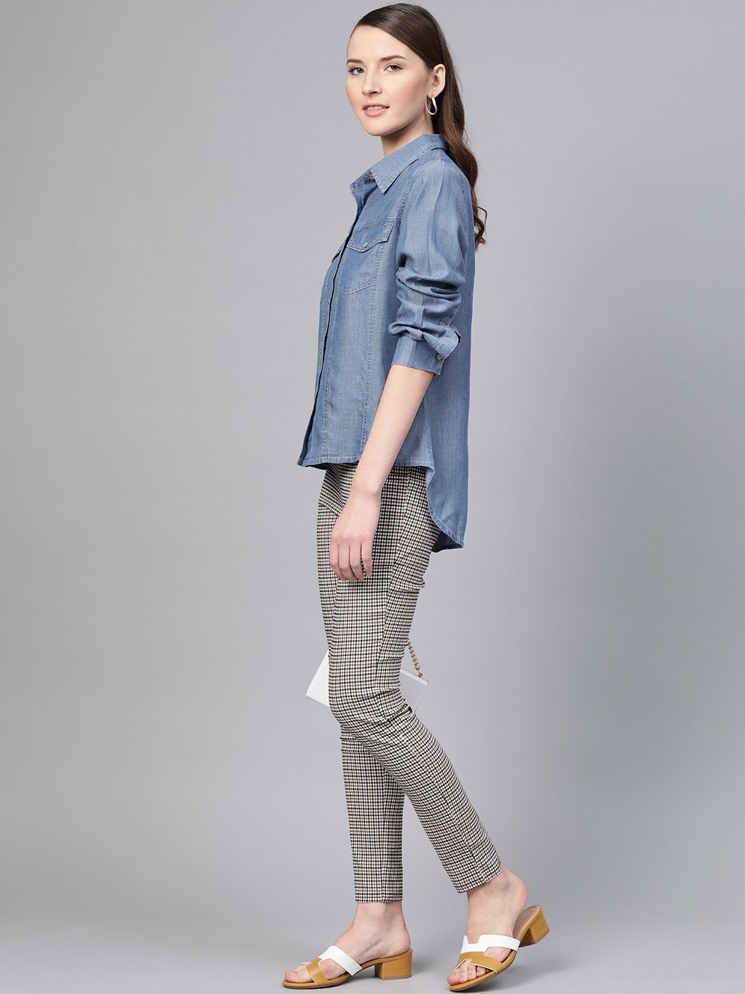 Women's Blue High Low Denim Shirt - SASSAFRAS