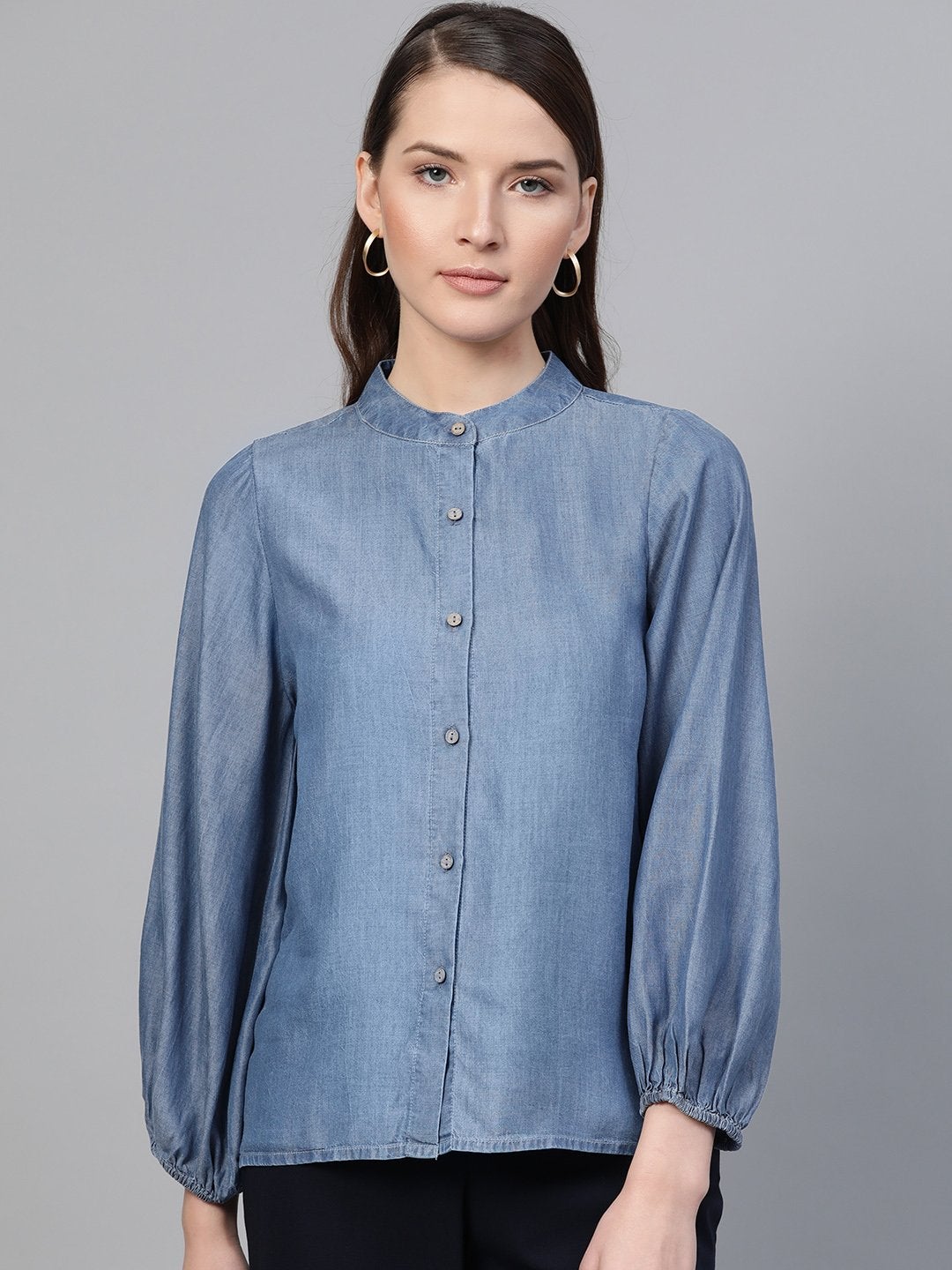 Women's Blue Gather Sleeve Denim Shirt - SASSAFRAS