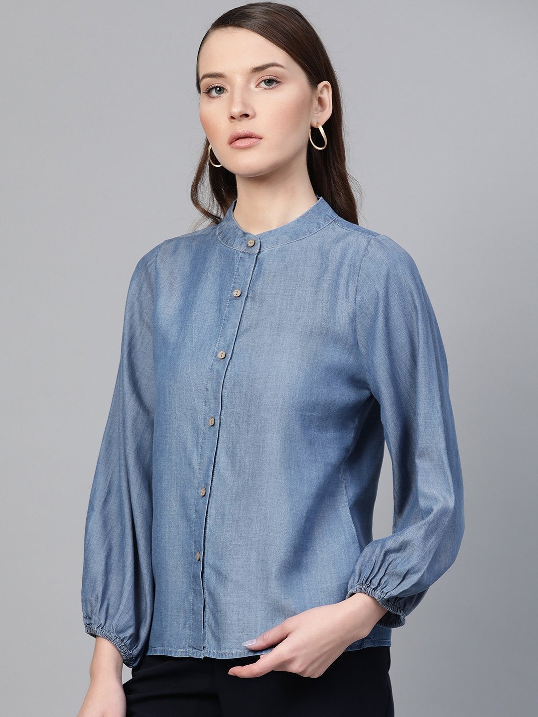 Women's Blue Gather Sleeve Denim Shirt - SASSAFRAS