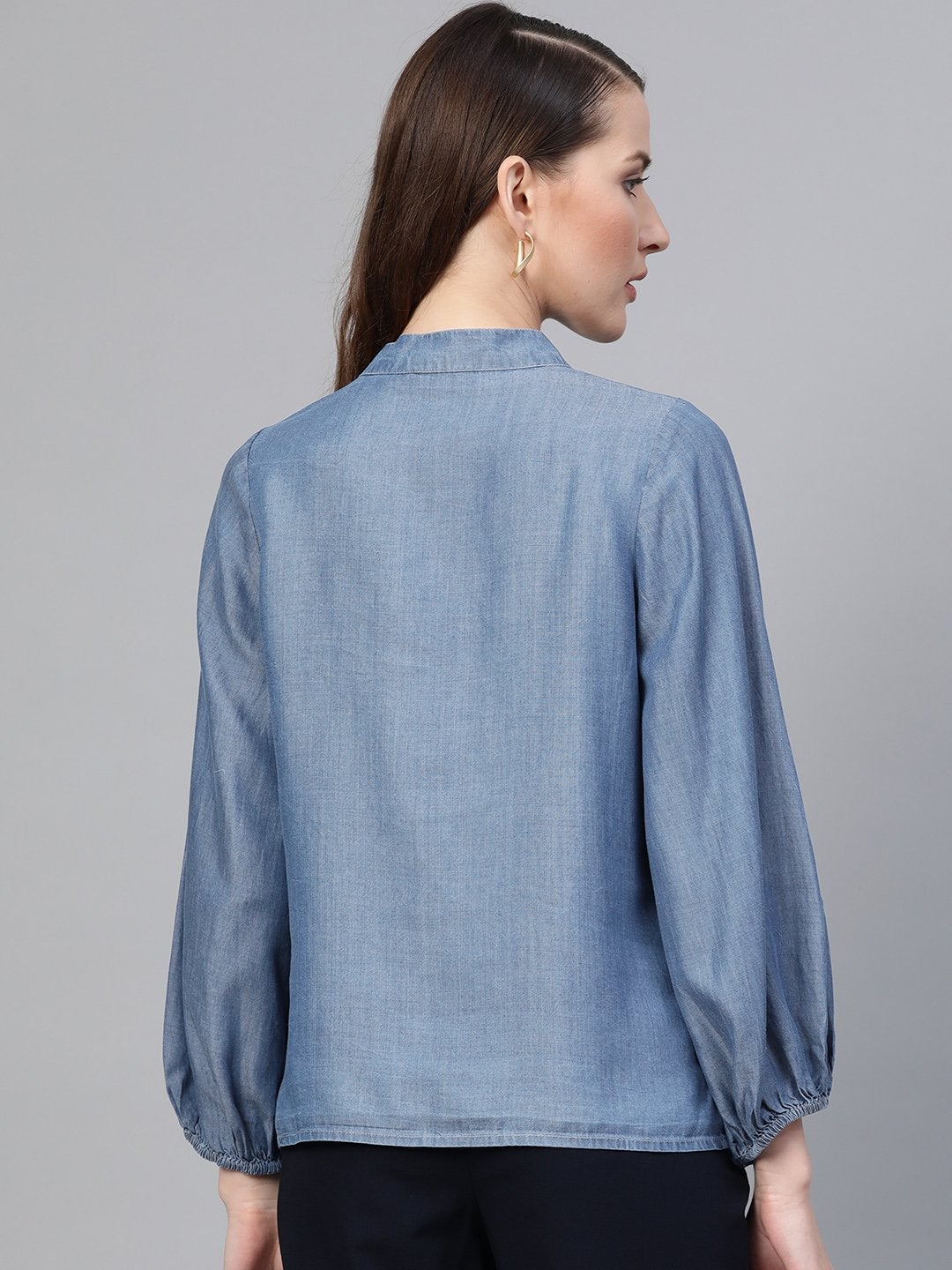 Women's Blue Gather Sleeve Denim Shirt - SASSAFRAS