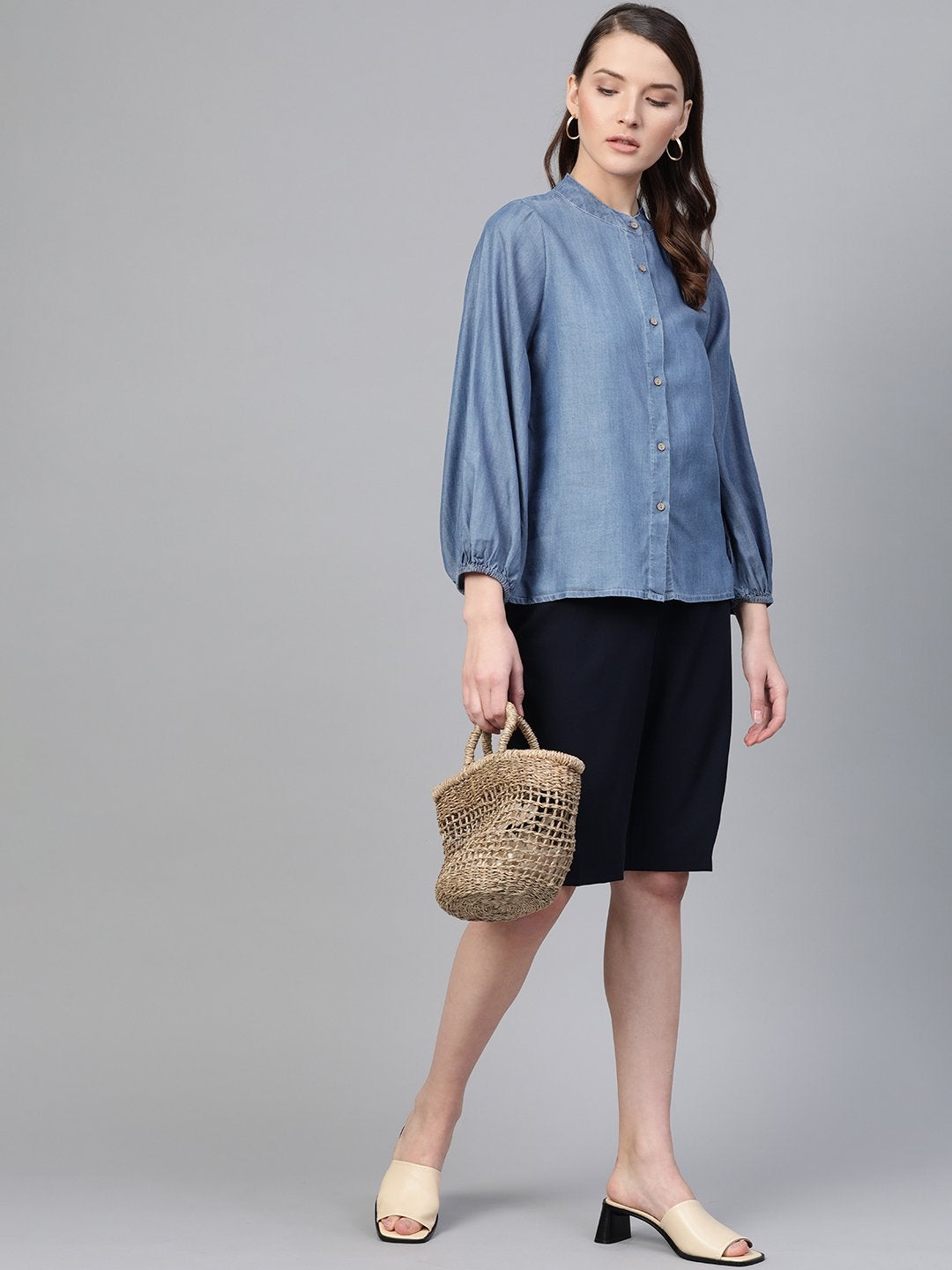 Women's Blue Gather Sleeve Denim Shirt - SASSAFRAS