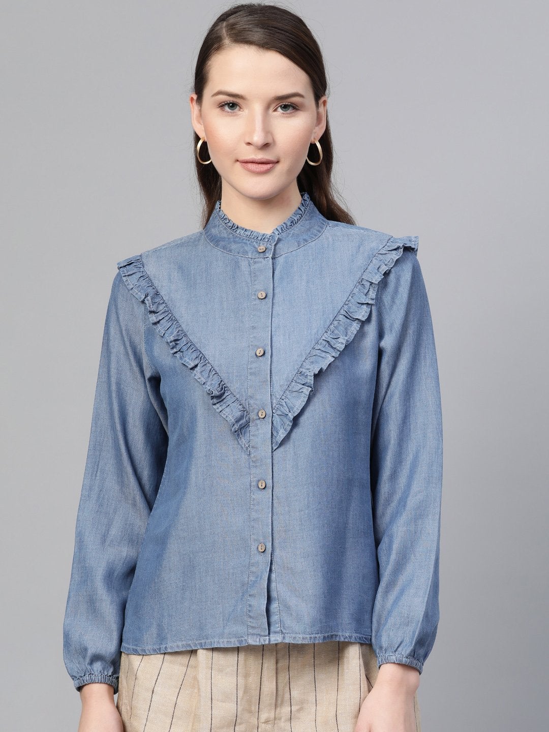 Women's Blue Front Frilly Denim Shirt - SASSAFRAS