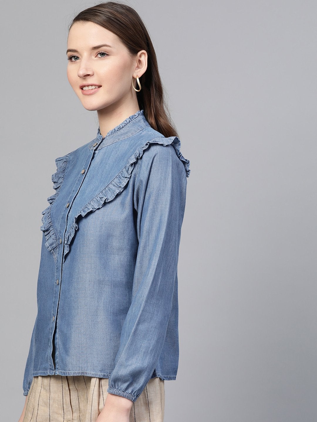 Women's Blue Front Frilly Denim Shirt - SASSAFRAS