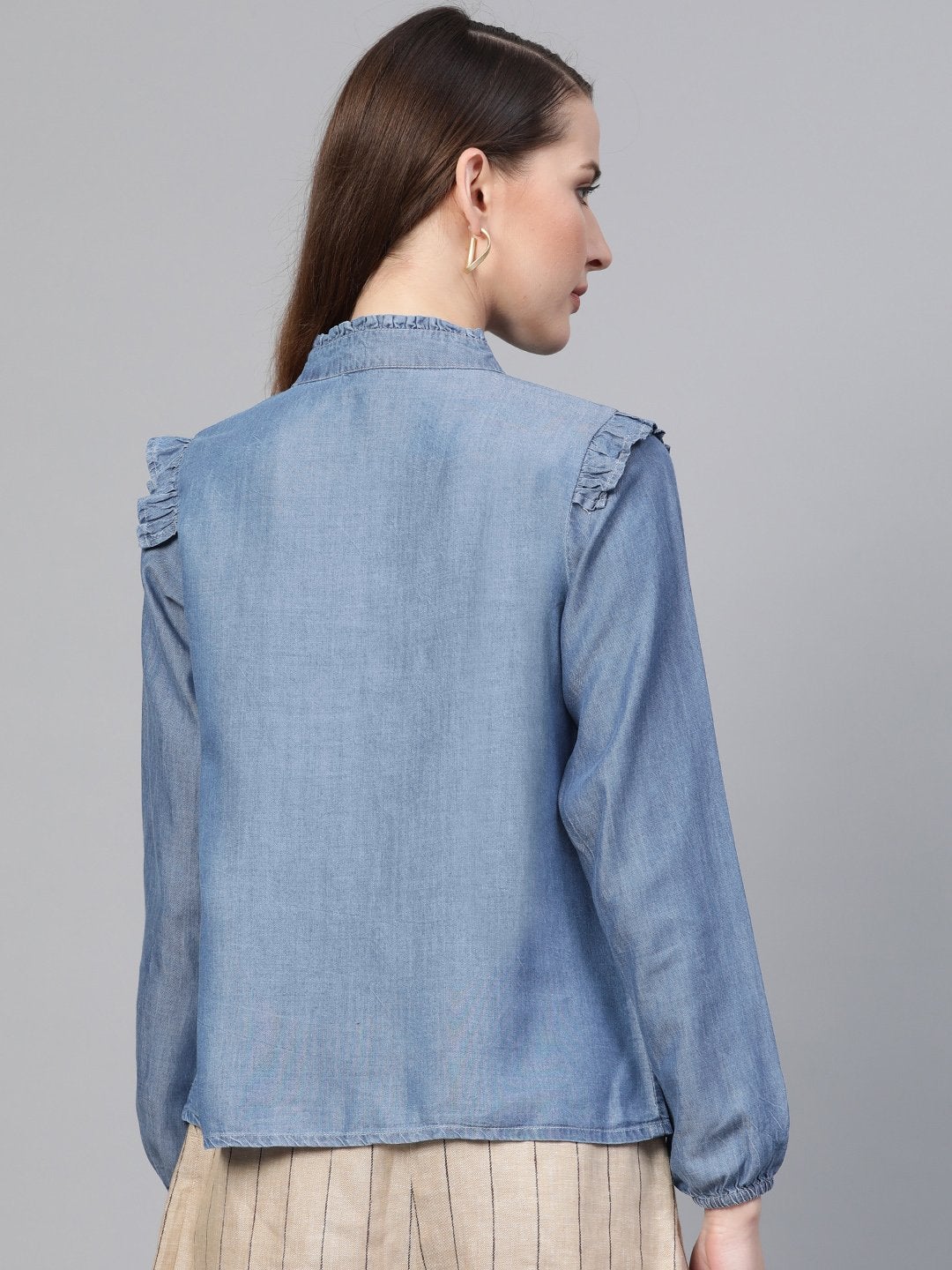 Women's Blue Front Frilly Denim Shirt - SASSAFRAS