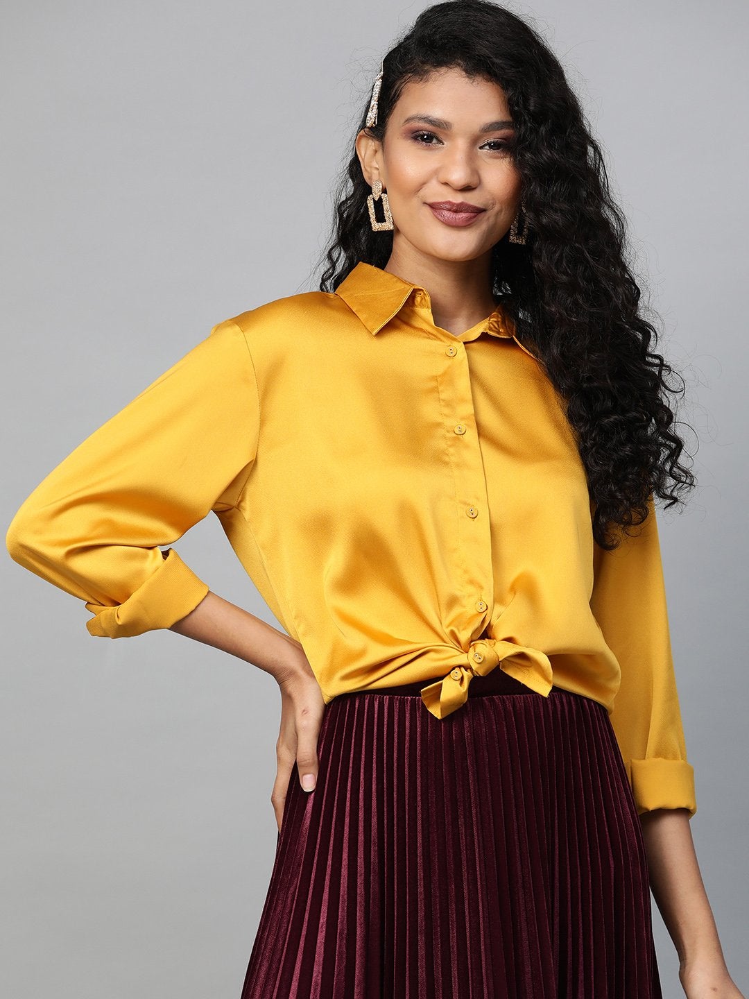 Women's Mustard High Low Satin Shirt - SASSAFRAS