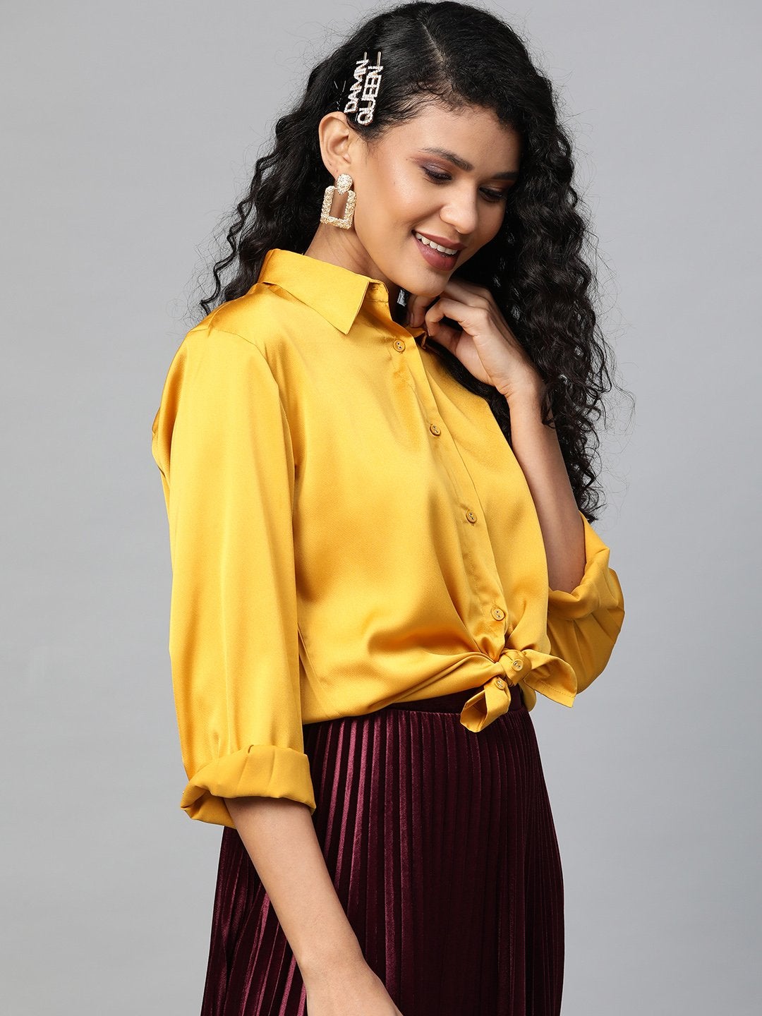 Women's Mustard High Low Satin Shirt - SASSAFRAS